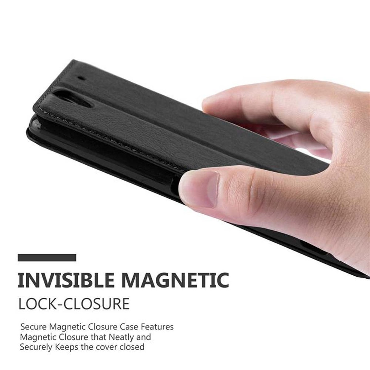 Funda de teléfono negra con un teléfono dentro. Se muestra el texto 'INVISIBLE MAGNETIC LOCK-CLOSURE'.
