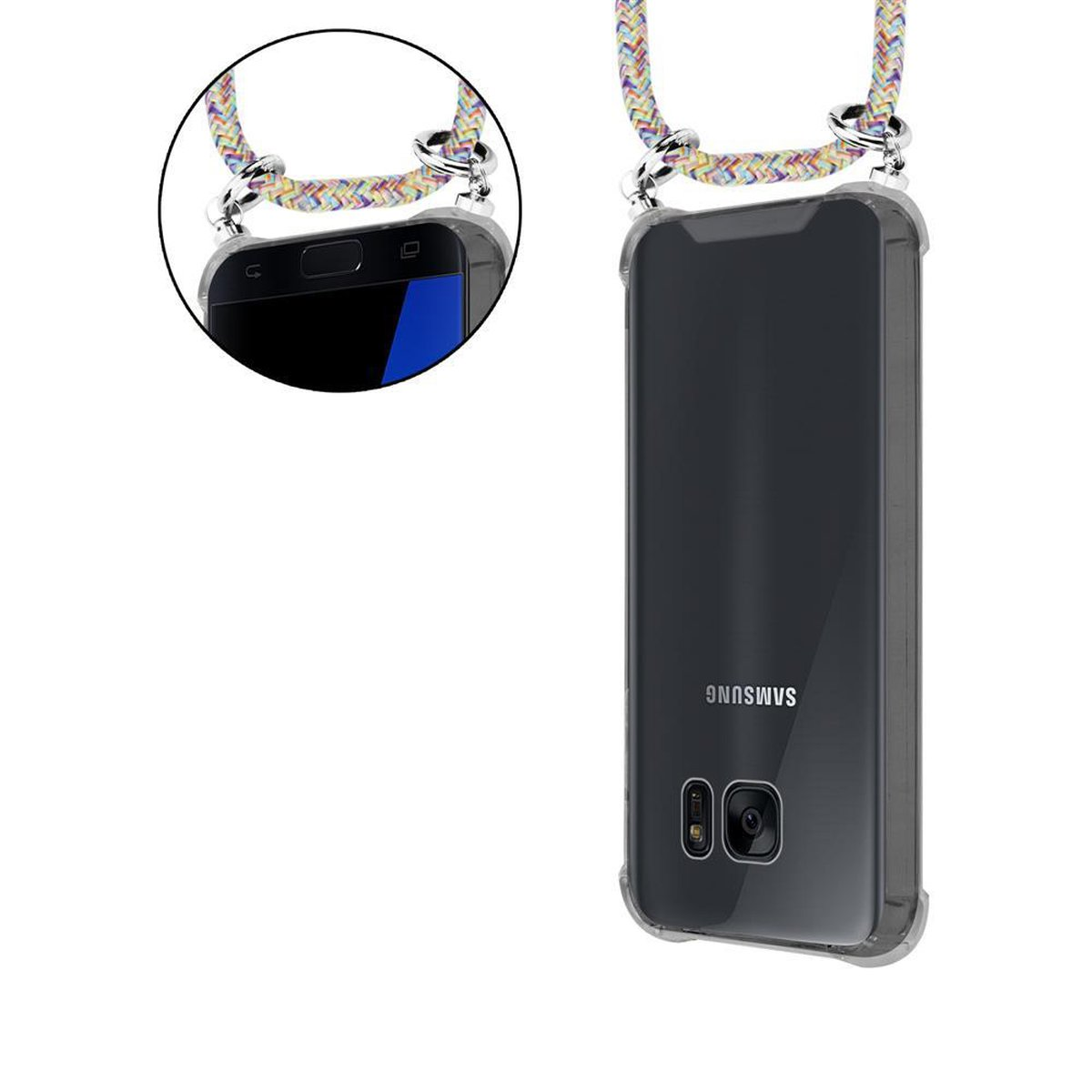 Un telefono in una custodia trasparente con un cordino multicolore. Il telefono è Samsung, con il marchio sul retro.