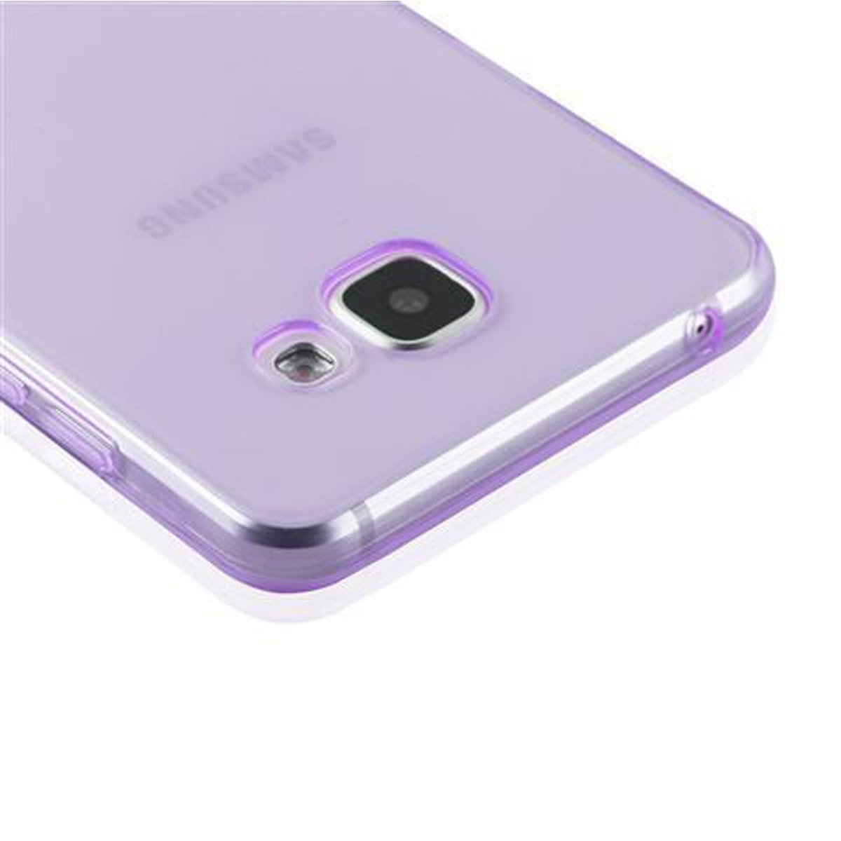 Una custodia per telefono viola con un telefono all'interno. Il telefono è un Samsung.