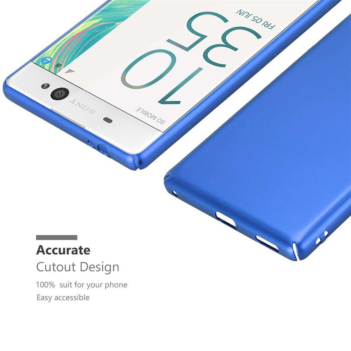 Una custodia per telefono blu con un telefono a schermo bianco parzialmente all'interno. I dettagli del design sono evidenziati.