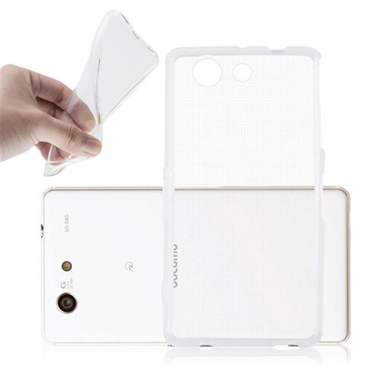 Una custodia trasparente e un telefono bianco. Una mano tiene la custodia. Il telefono è bianco.