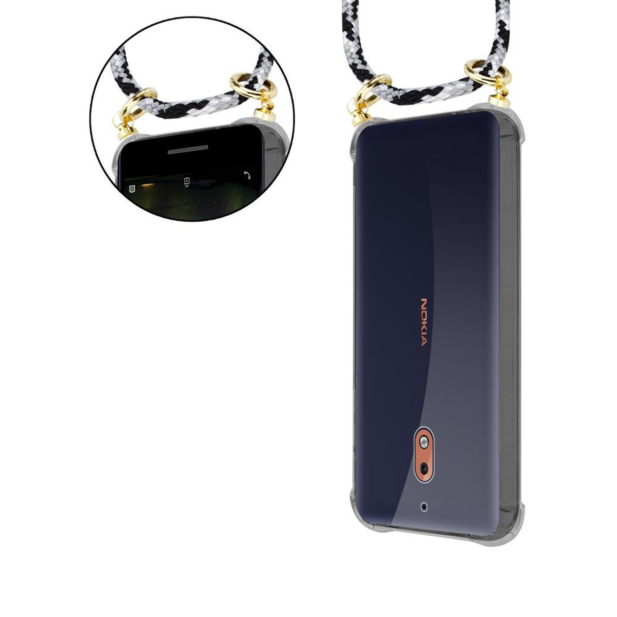 SCHWARZ CAMOUFLAGE Nokia, Kordel mit 2.1, Backcover, Kette CADORABO Handy abnehmbarer Hülle, und Gold Ringen, Band