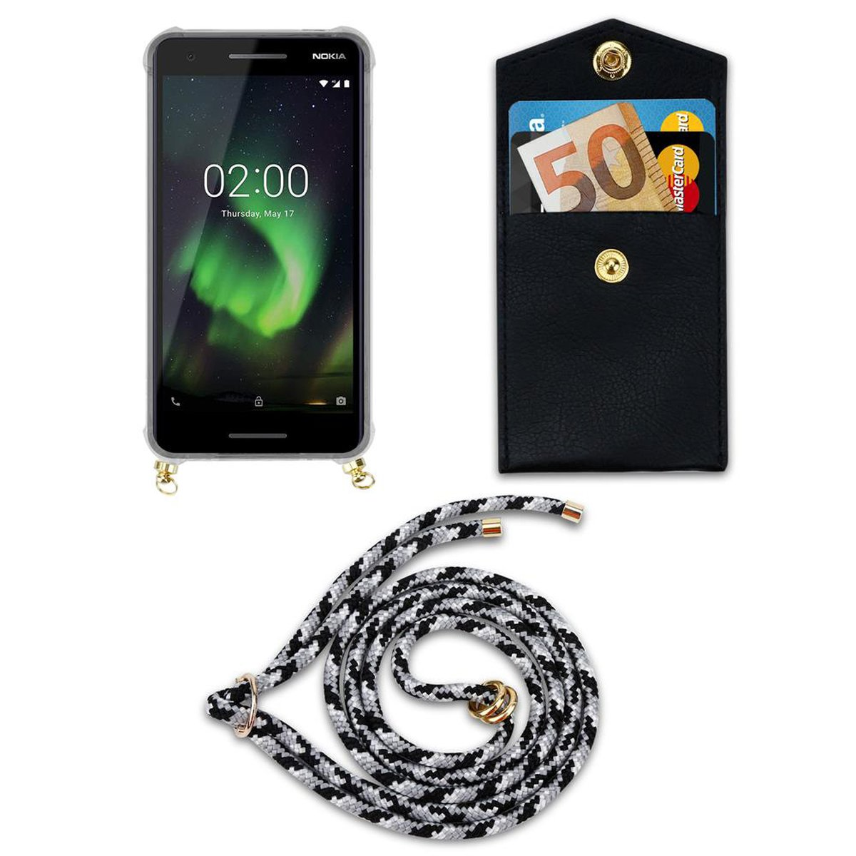 CADORABO Handy Kette mit Backcover, und Hülle, CAMOUFLAGE Band Kordel SCHWARZ abnehmbarer Nokia, 2.1, Gold Ringen