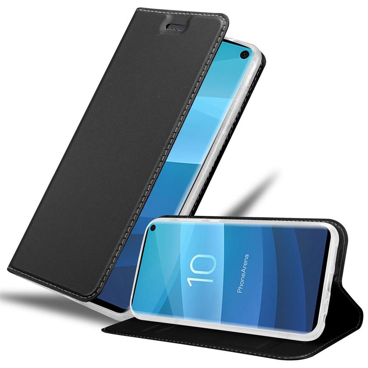 Schwarze Handyhülle offen. Der Bildschirm zeigt einen blauen und weißen Hintergrund mit der 10.