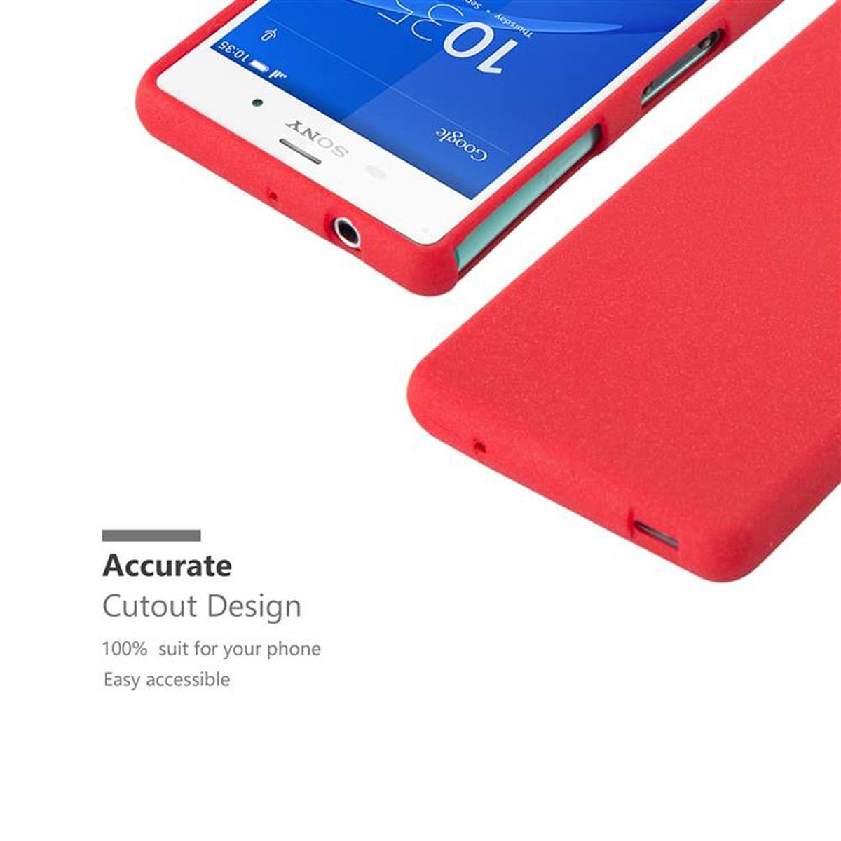 Nahaufnahme eines roten Telefons und einer Hülle. Text sagt 'Accurate Cutout Design'.