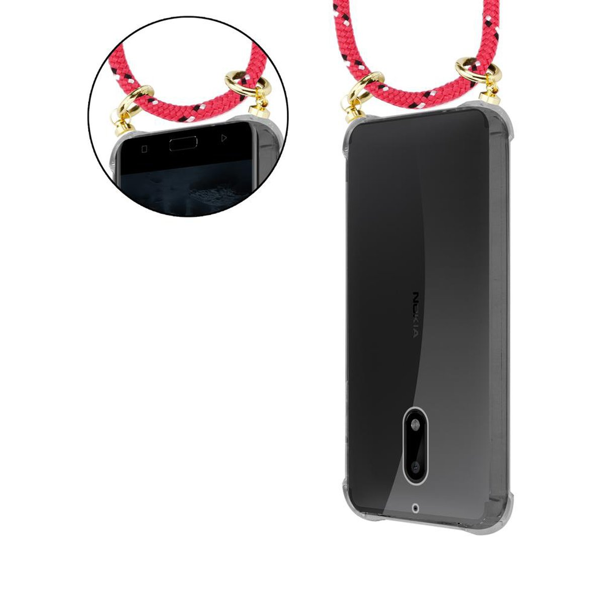 Handyhülle mit rotem Lanyard. Die Hülle ist transparent. Telefon mit schwarzem Rahmen darin.