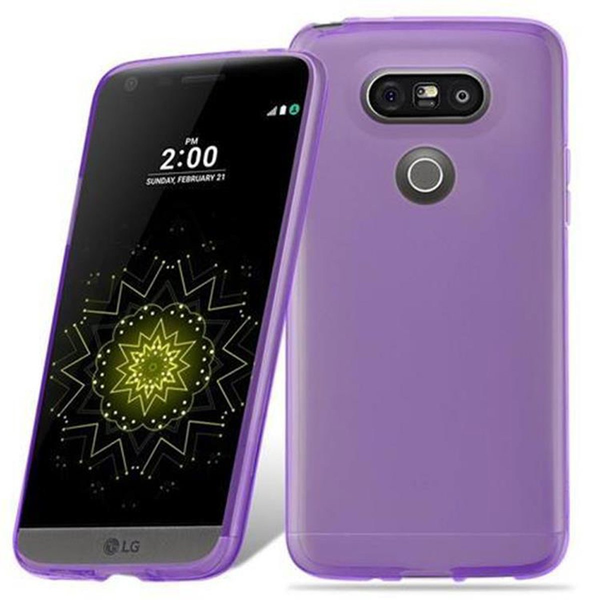 Telefono viola con custodia viola, con sfondo bianco e un orario.