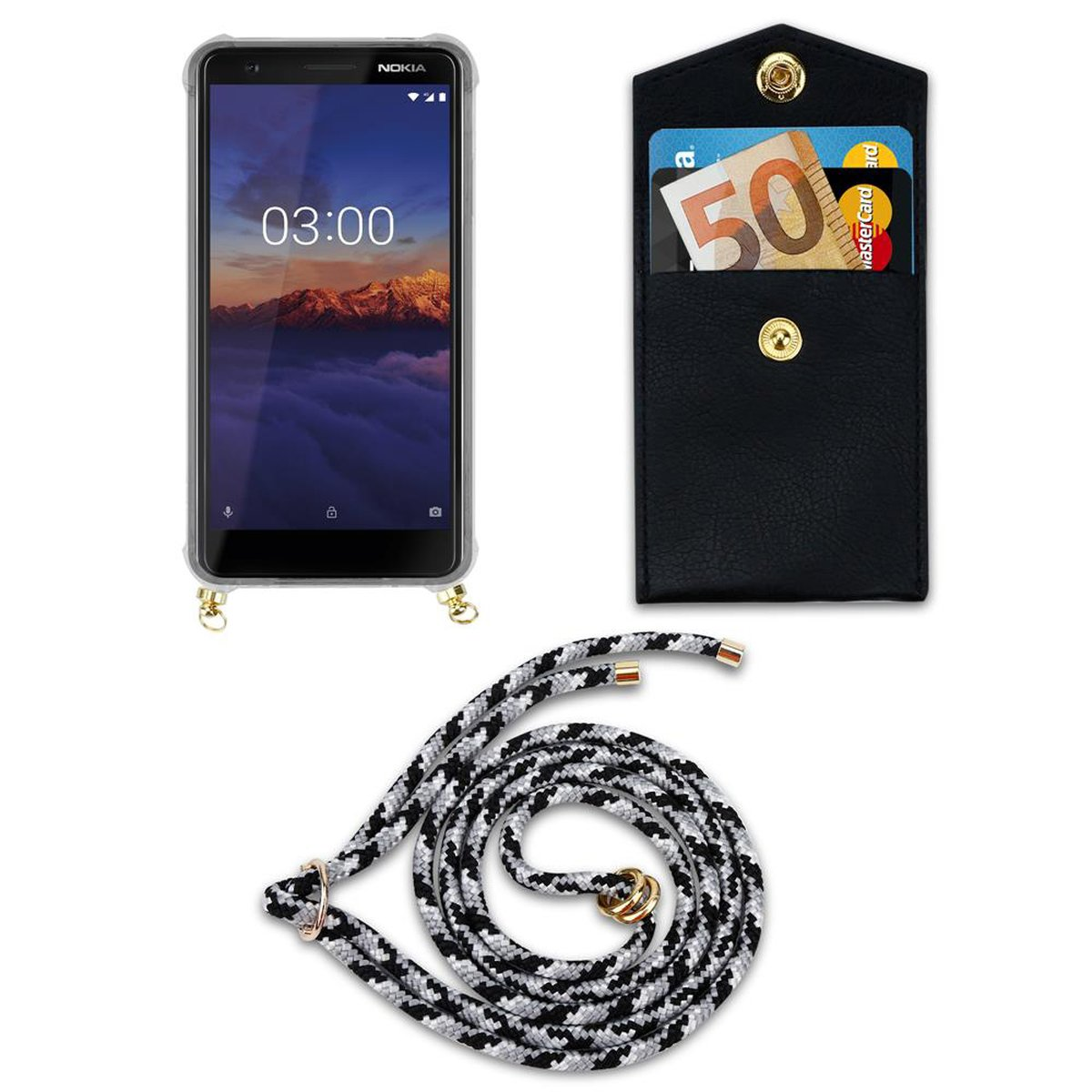 Band CADORABO Nokia, Ringen, Hülle, Gold CAMOUFLAGE mit SCHWARZ und 3.1, Handy Kordel Backcover, abnehmbarer Kette