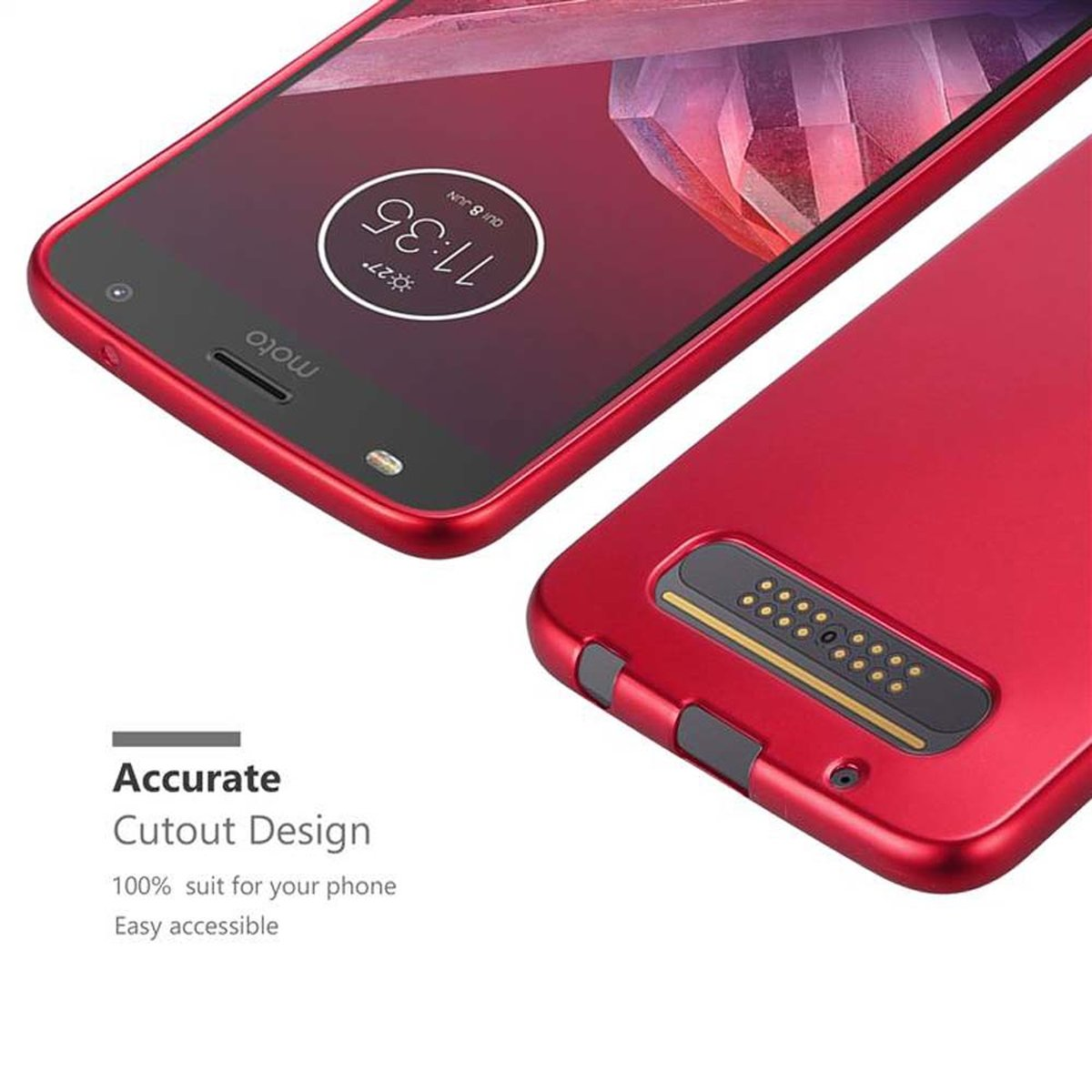 Custodia rossa con telefono all'interno. Il telefono mostra le 11:35. Testo bianco: Accurate Cutout Design.