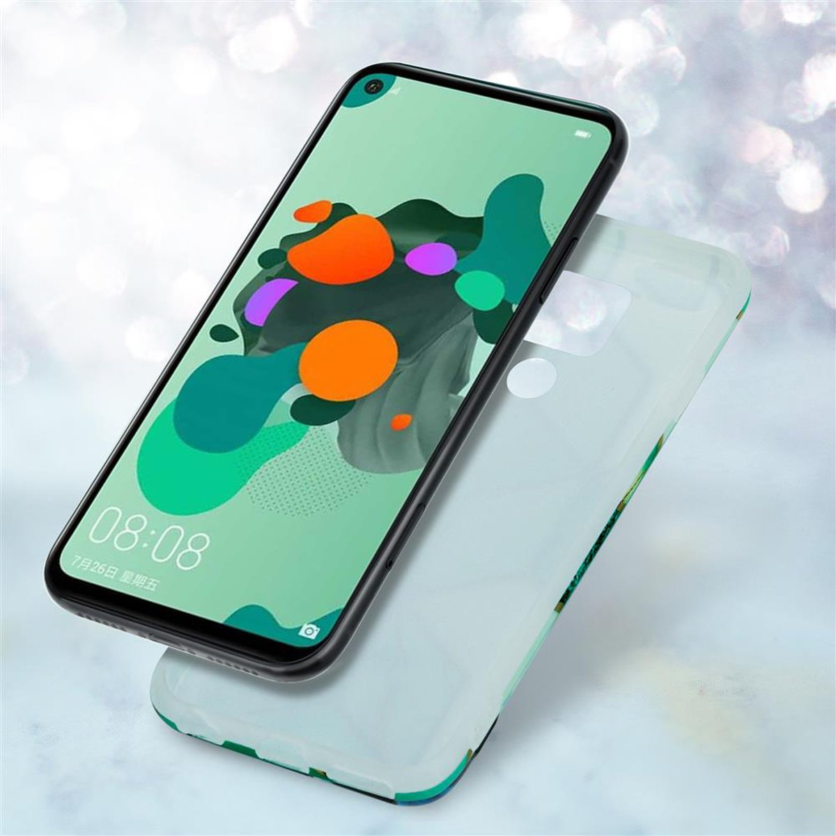 Telefono con arte astratta verde e arancione sullo schermo. Custodia trasparente sopra.