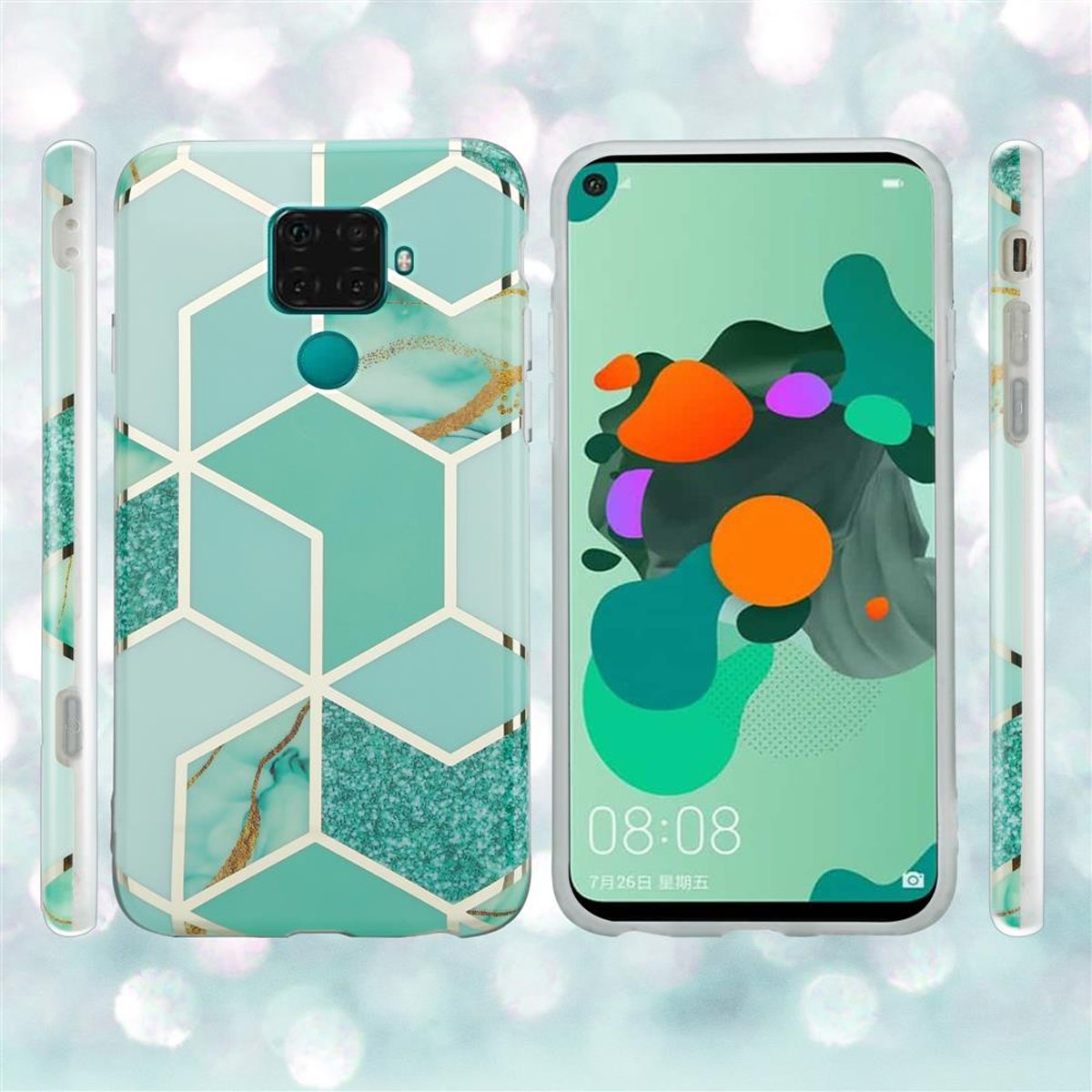 Telefono con custodia turchese. La custodia ha un motivo geometrico. Il telefono mostra uno schermo verde.