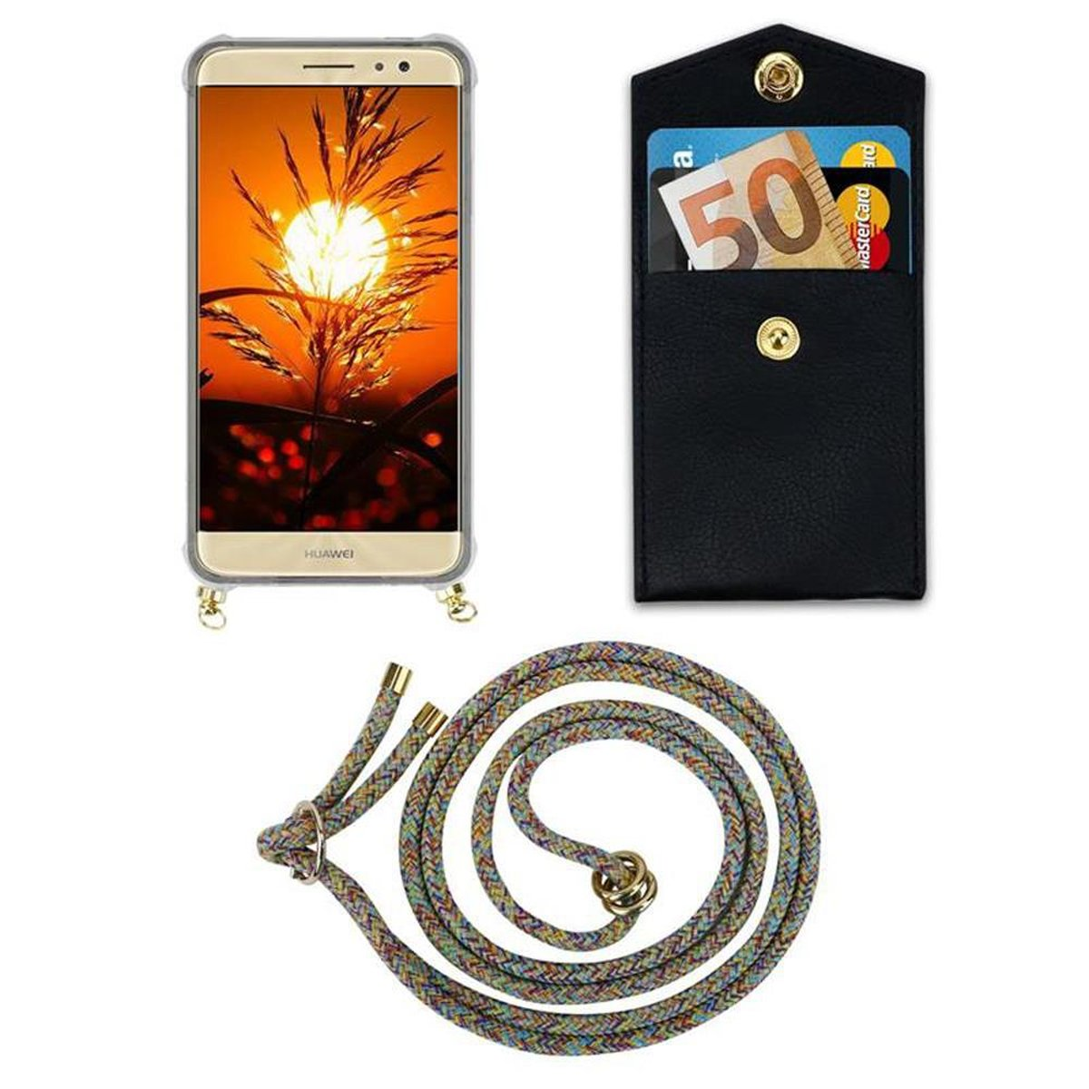 CADORABO Handy Kette mit Ringen, Backcover, Huawei, NOVA und Gold abnehmbarer Kordel RAINBOW Hülle, PLUS, Band