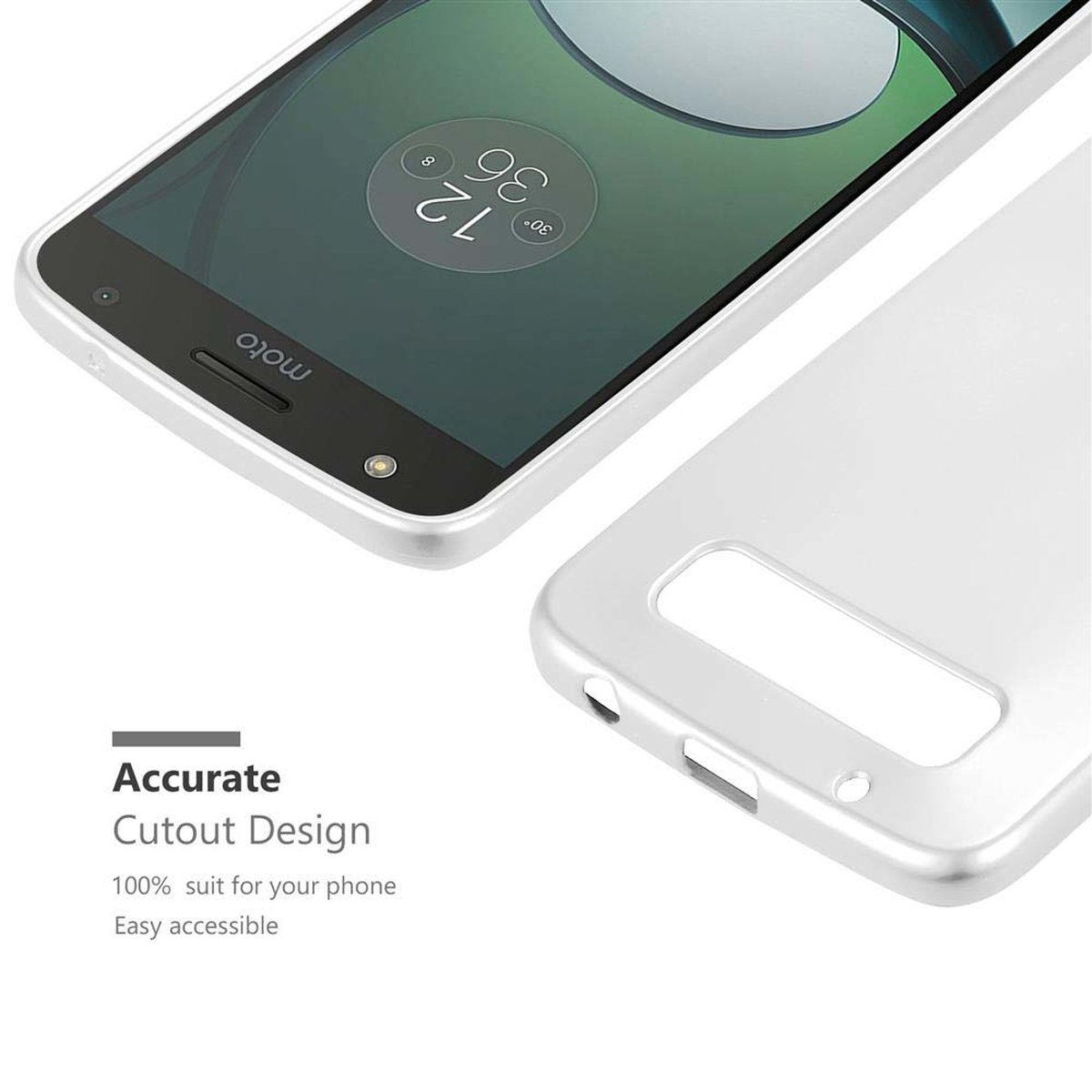 Telefono argentato con custodia bianca. La custodia ha un design ritagliato per un facile accesso.