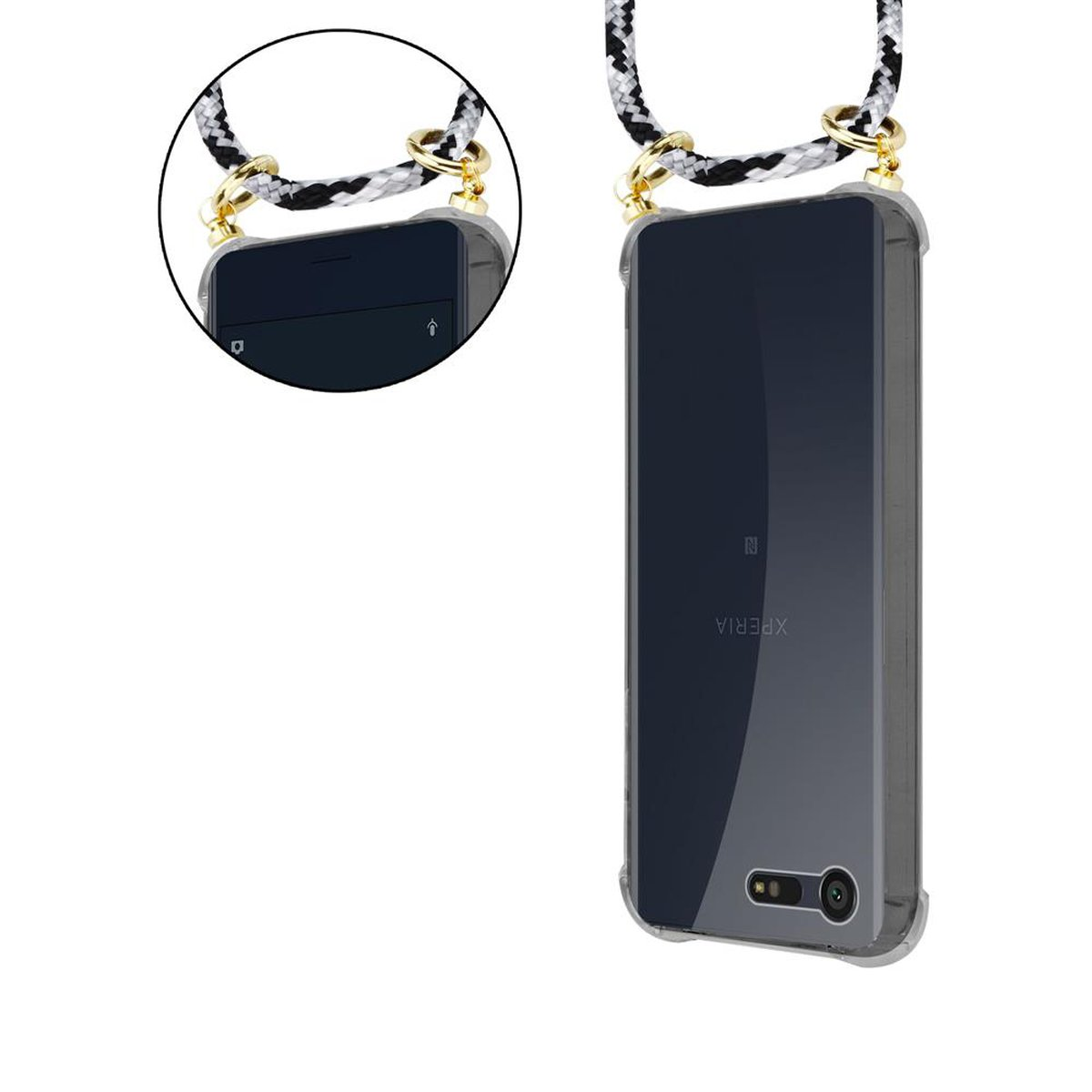 CADORABO Handy Kette Band mit CAMOUFLAGE Gold X SCHWARZ und Sony, abnehmbarer COMPACT, Backcover, Ringen, Xperia Kordel Hülle