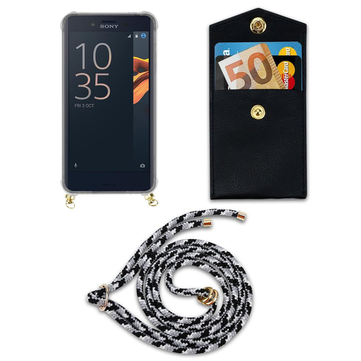 X SCHWARZ CAMOUFLAGE Handy Backcover, Gold und CADORABO Kordel abnehmbarer Ringen, Band mit Hülle, Kette Sony, COMPACT, Xperia