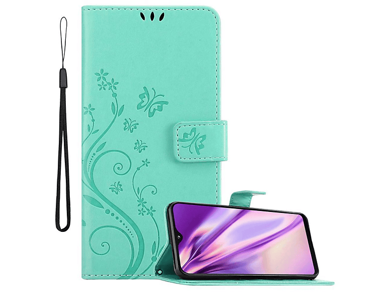 A20e, CADORABO Muster Bookcover, FLORAL Samsung, TÜRKIS Blumen Galaxy Hülle A10e / Case, Flower