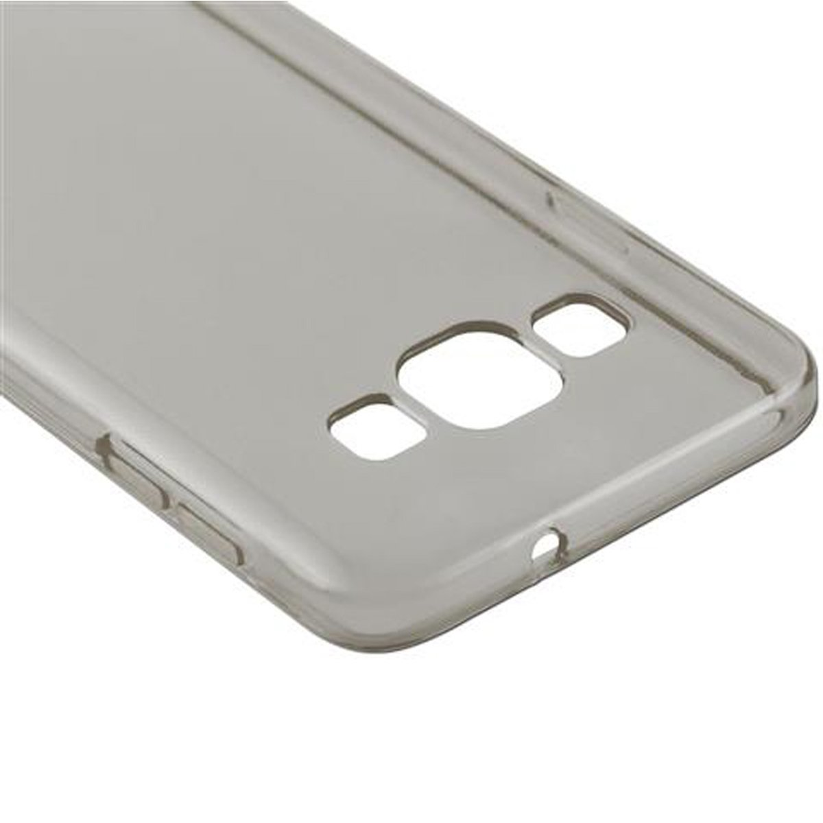 Eine transparente Handyhülle. Die Hülle hat Öffnungen für Kamera und Knöpfe.