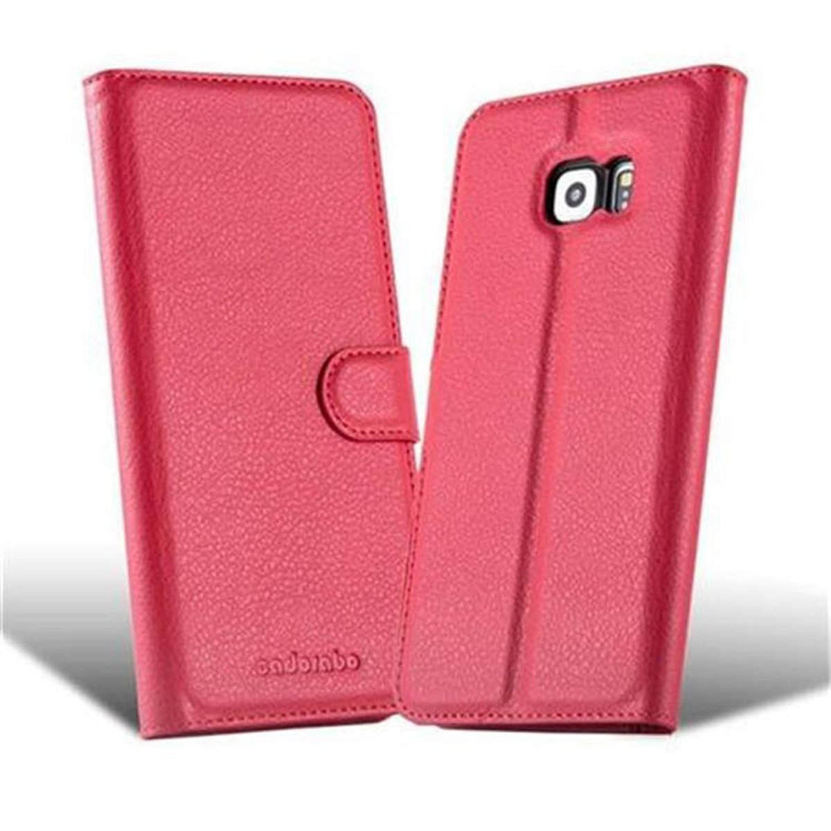 Custodia rosa per telefono con chiusura magnetica. La custodia è chiusa. Il marchio è visibile.