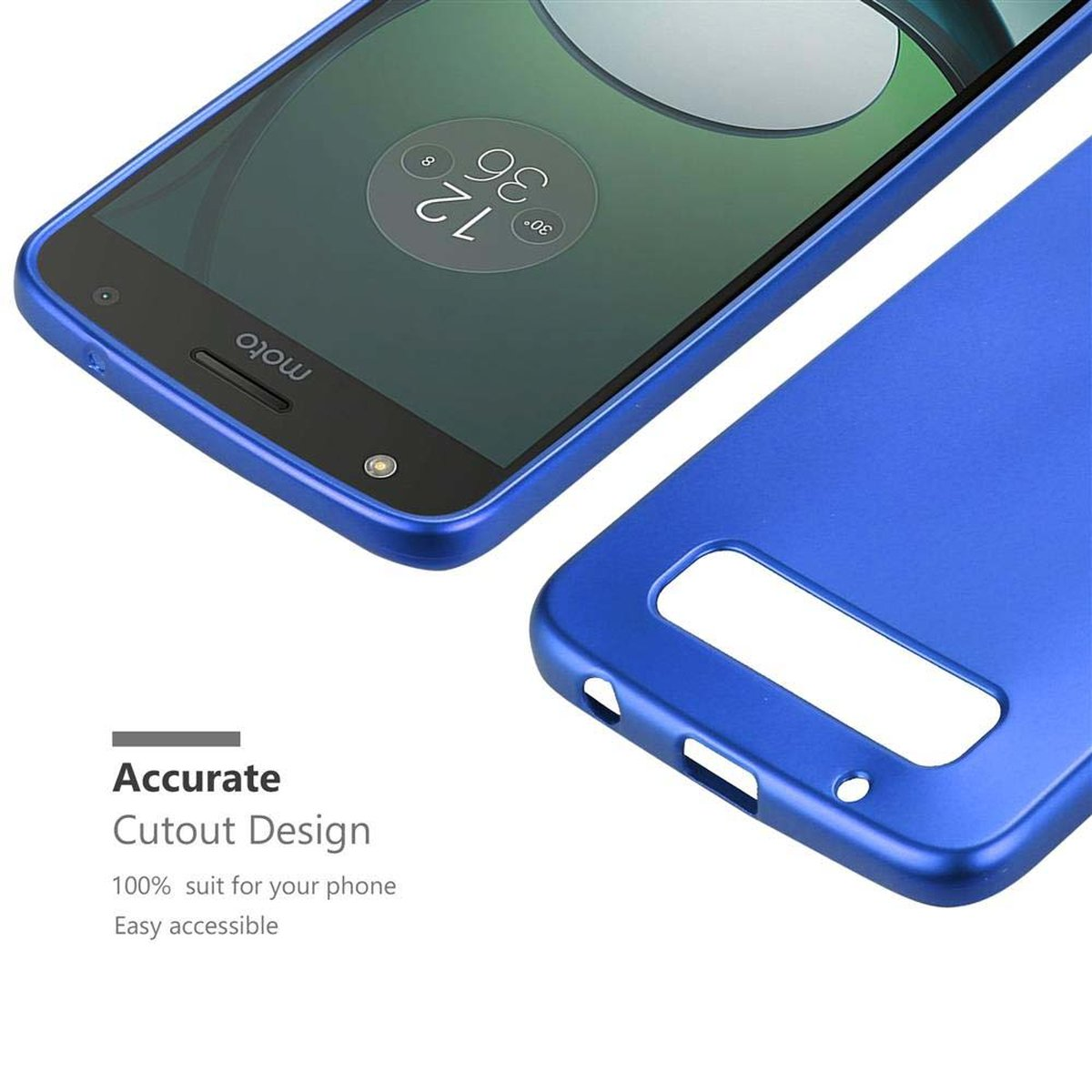 Custodia per telefono blu, sfondo bianco. Testo: 'Accurate Cutout Design'.