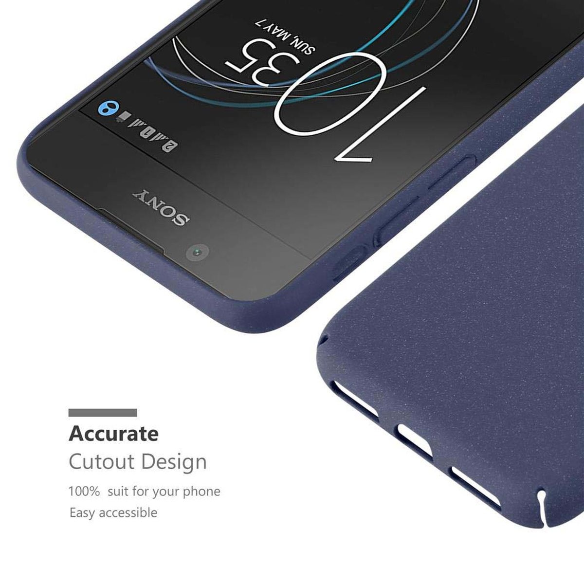 Un telefono in una custodia, lo schermo mostra ora e data, con design ritagliato.