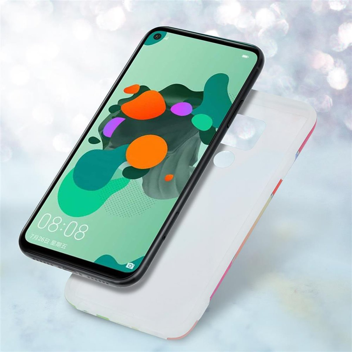Un telefono in una custodia con un bordo colorato. Lo schermo mostra uno sfondo verde con forme arancioni.