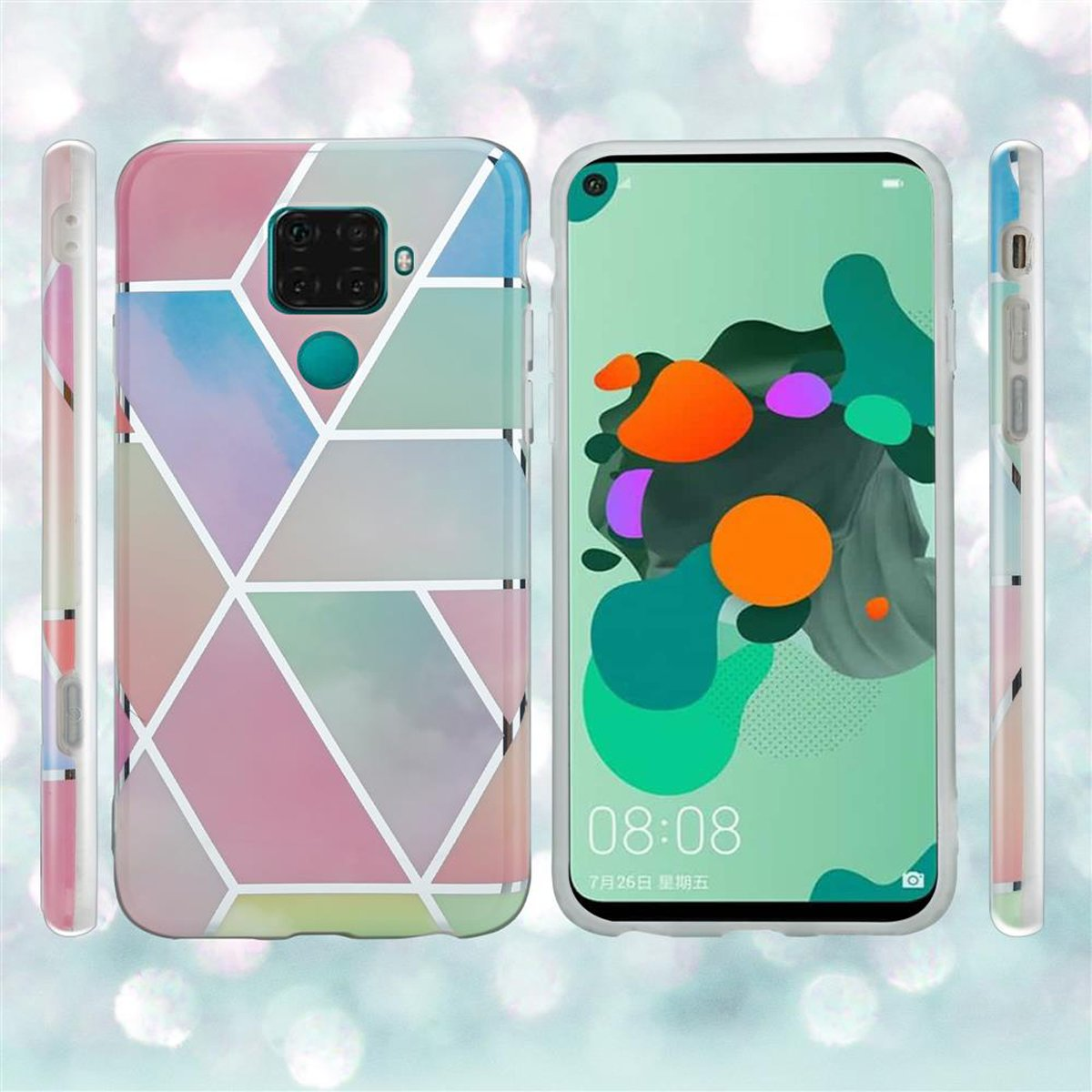 Custodia per telefono con un design geometrico. La custodia è in una varietà di colori.