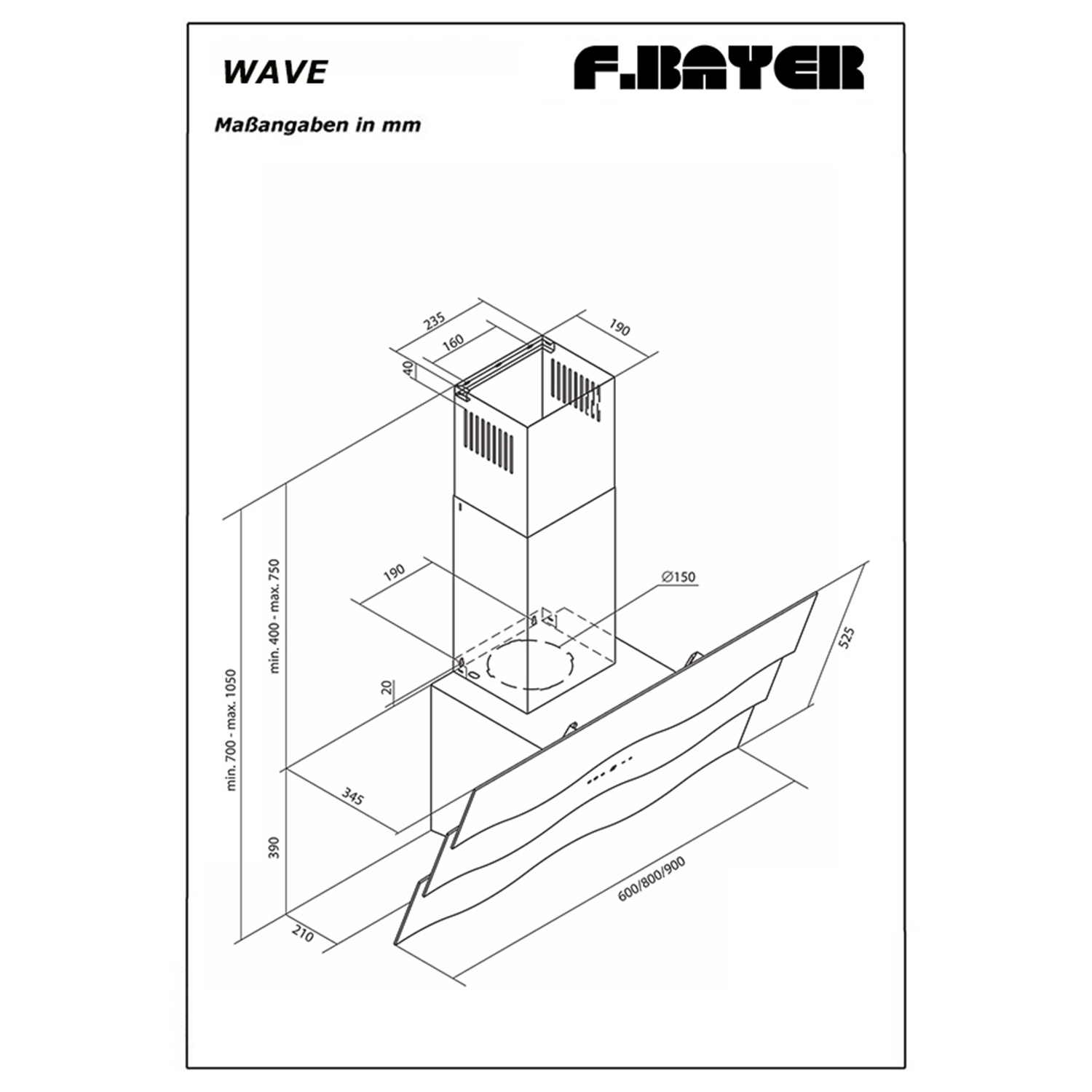 F.BAYER WAVE breit, cm (90 34,5 Dunstabzugshaube tief) 90W, cm