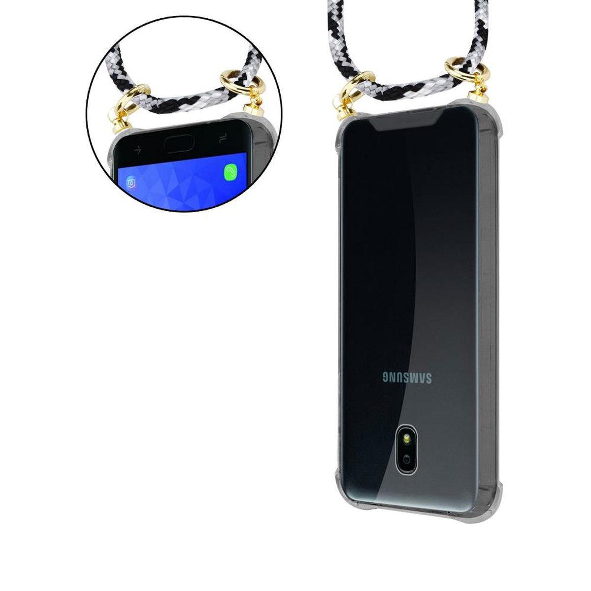 Samsung, SCHWARZ Galaxy Band J3 Kordel CADORABO mit Kette und 2018, Backcover, abnehmbarer Ringen, CAMOUFLAGE Gold Hülle, Handy