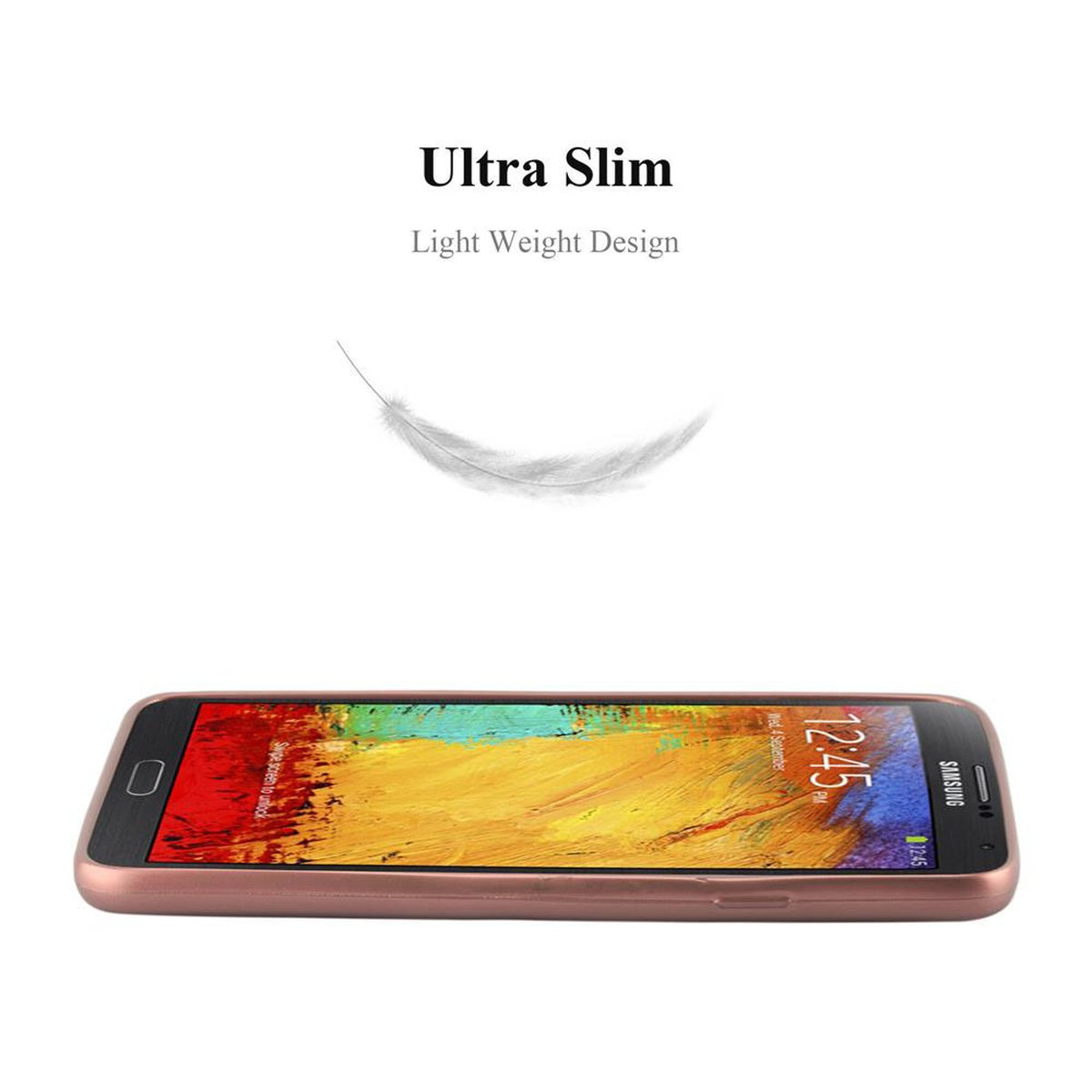 Seitenansicht einer roségoldenen Telefonhülle. Text: Ultra Slim, Light Weight Design. Über dem Telefon befindet sich eine Federgrafik.