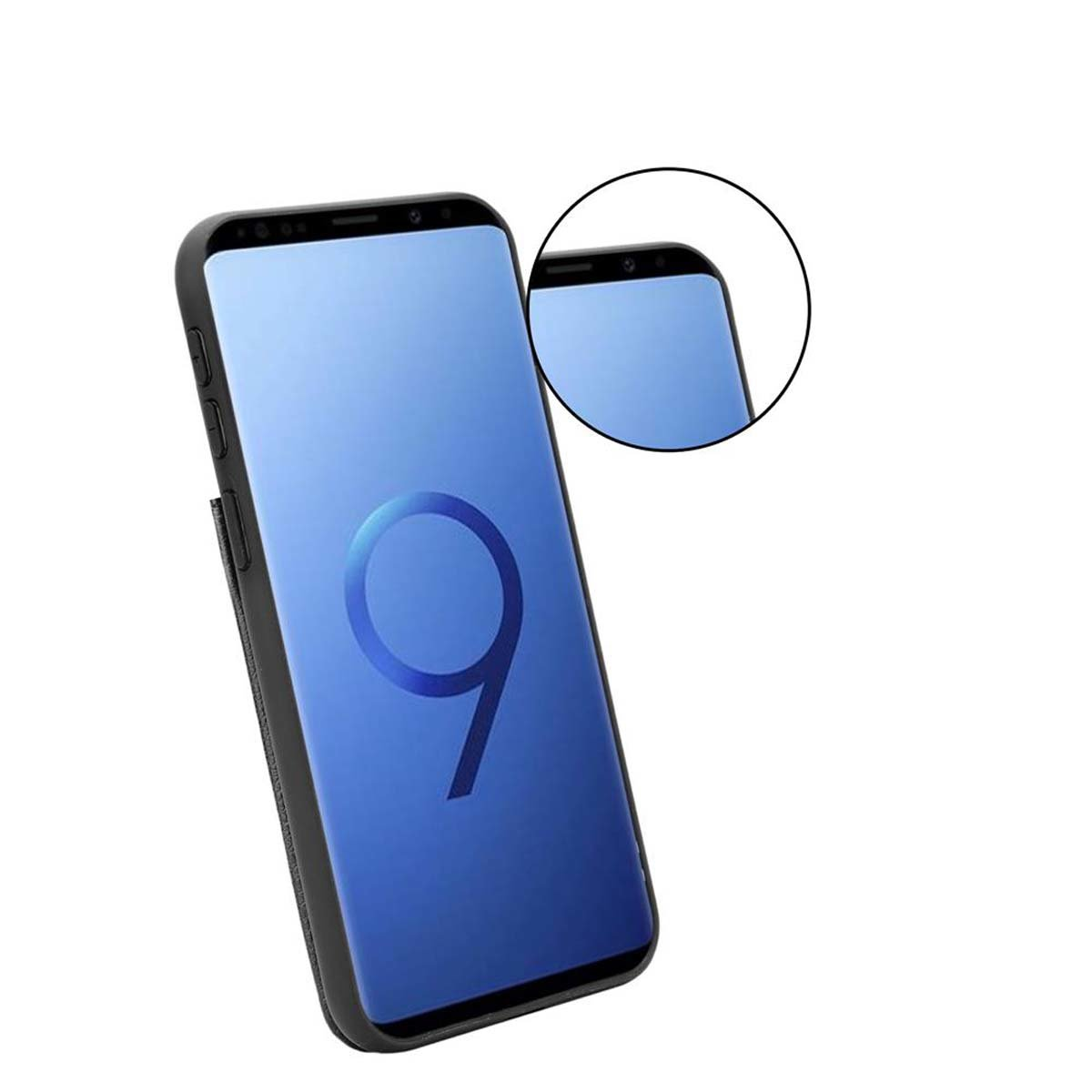 Telefono nero con schermo blu. Il numero 9 è visibile. Nell'angolo, un cerchio evidenzia una piccola parte.