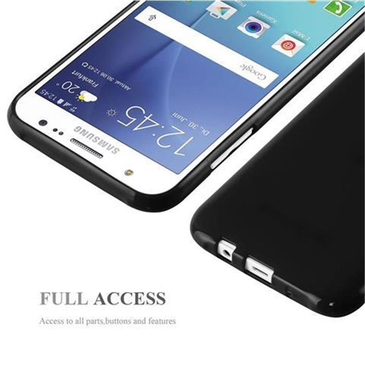 Una funda negra para teléfono con un teléfono Samsung dentro. El teléfono muestra la hora y la fecha.