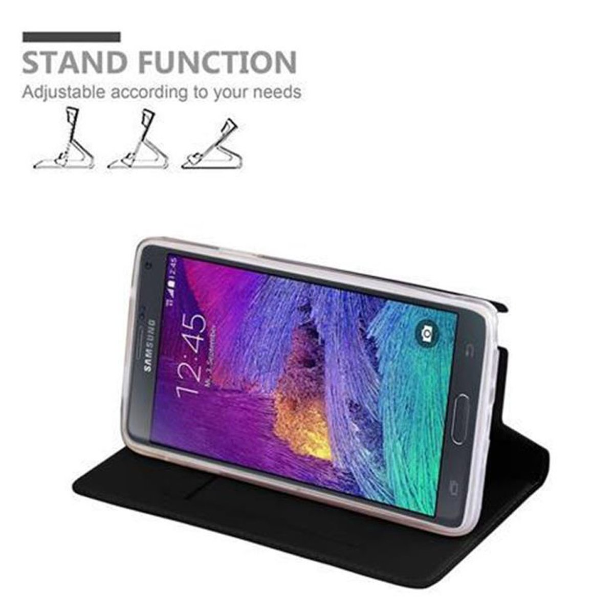 Telefono in una custodia che funge da supporto, rialzato per la visualizzazione. Testo: Funzione supporto.