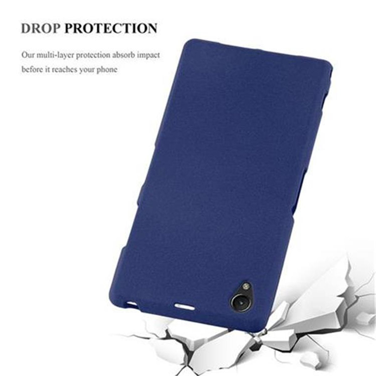 Funda de teléfono azul sobre una superficie blanca, con características de protección contra caídas y superficie agrietada.