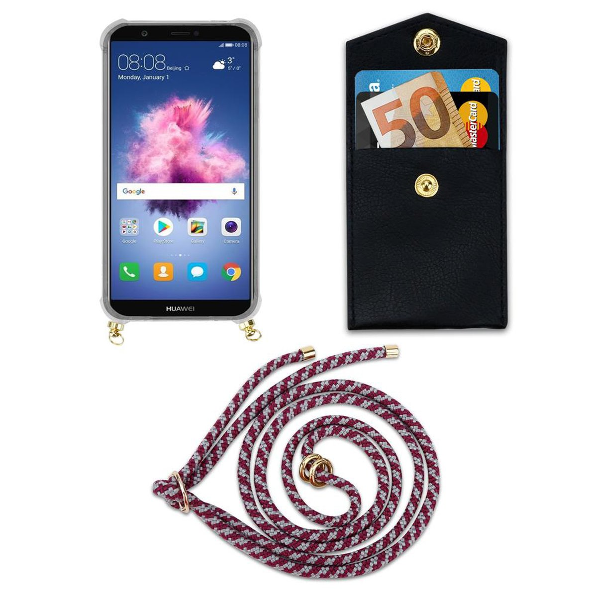 WEIß Handy ROT 2018 CADORABO Huawei, Enjoy Hülle, Kordel mit Band 7S, / Backcover, SMART und Gold abnehmbarer P Kette Ringen,