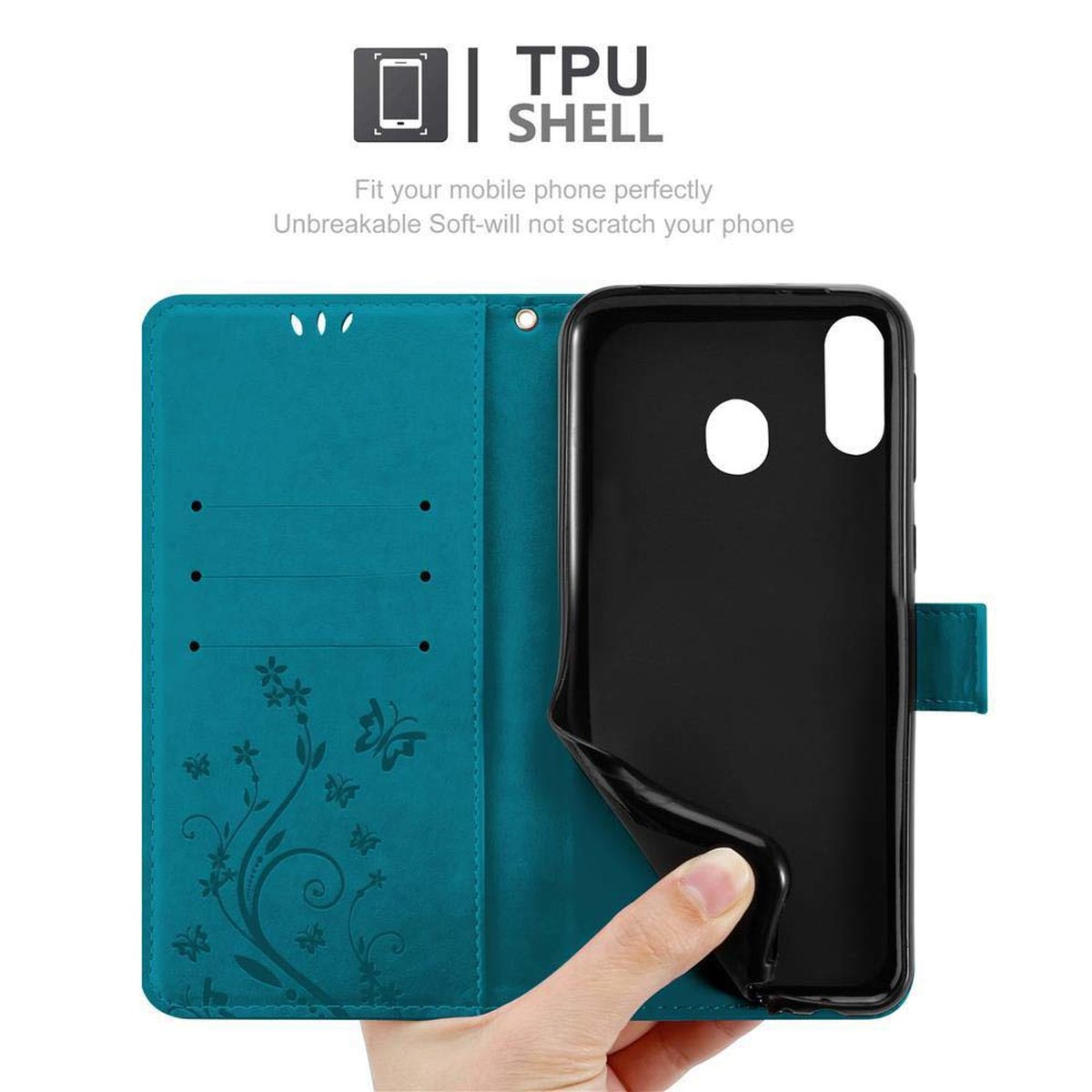 Telefono in una custodia a portafoglio. Il telefono è nero. La custodia è turchese con un disegno floreale.