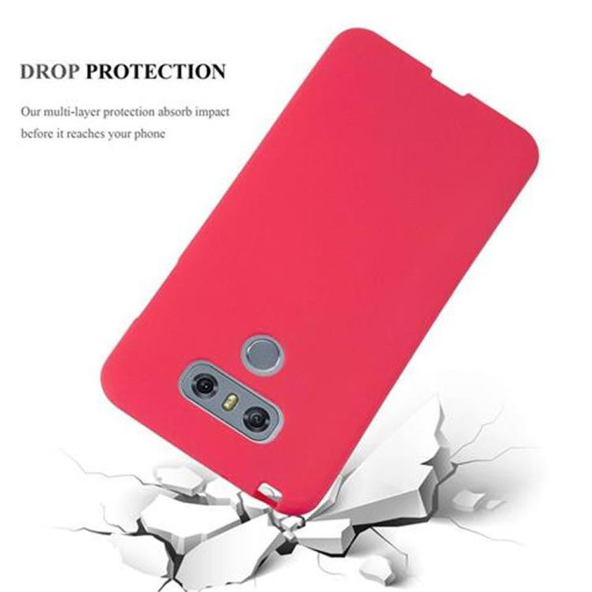 Custodia per telefono rossa con testo: DROP PROTECTION. Sfondo bianco.