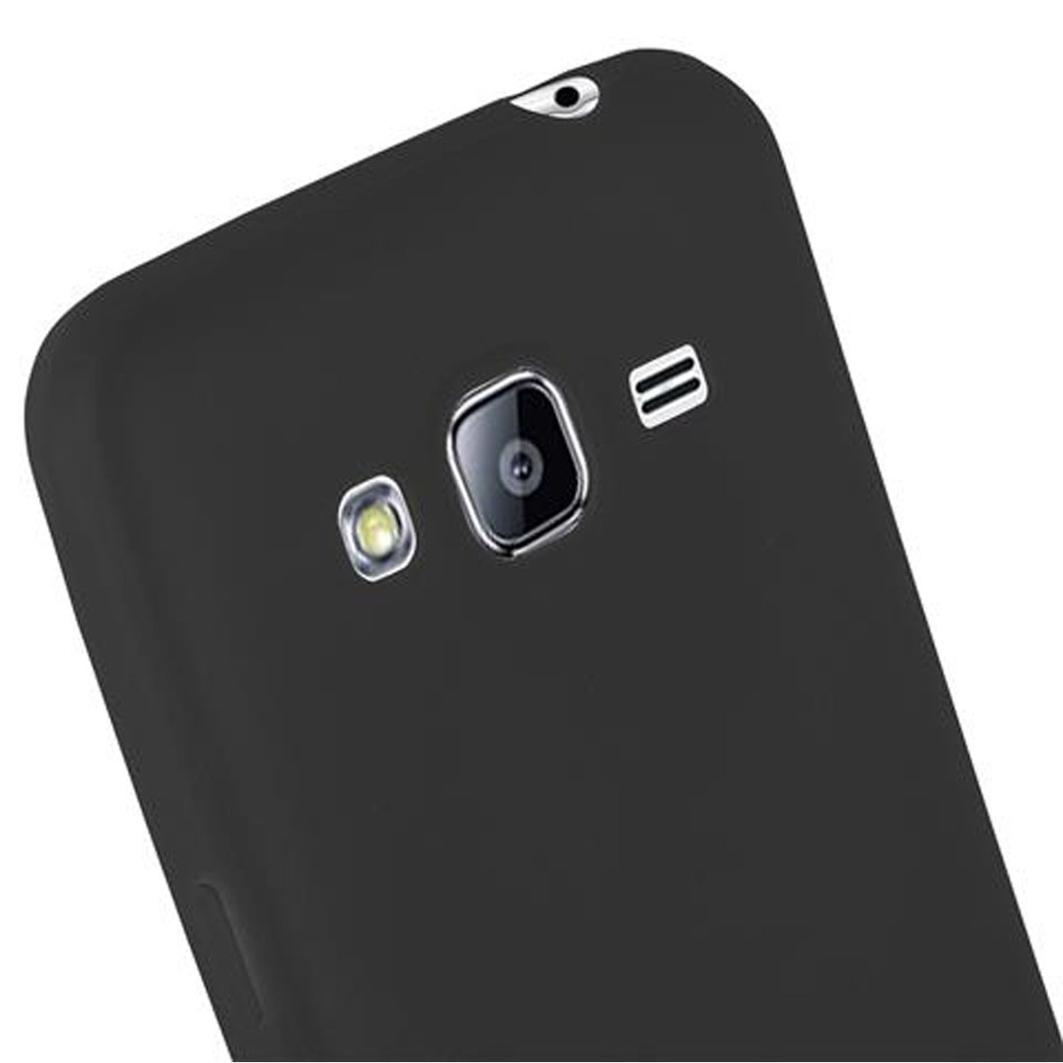 Primo piano di telefono nero. Sono visibili la fotocamera, il flash e altri componenti.