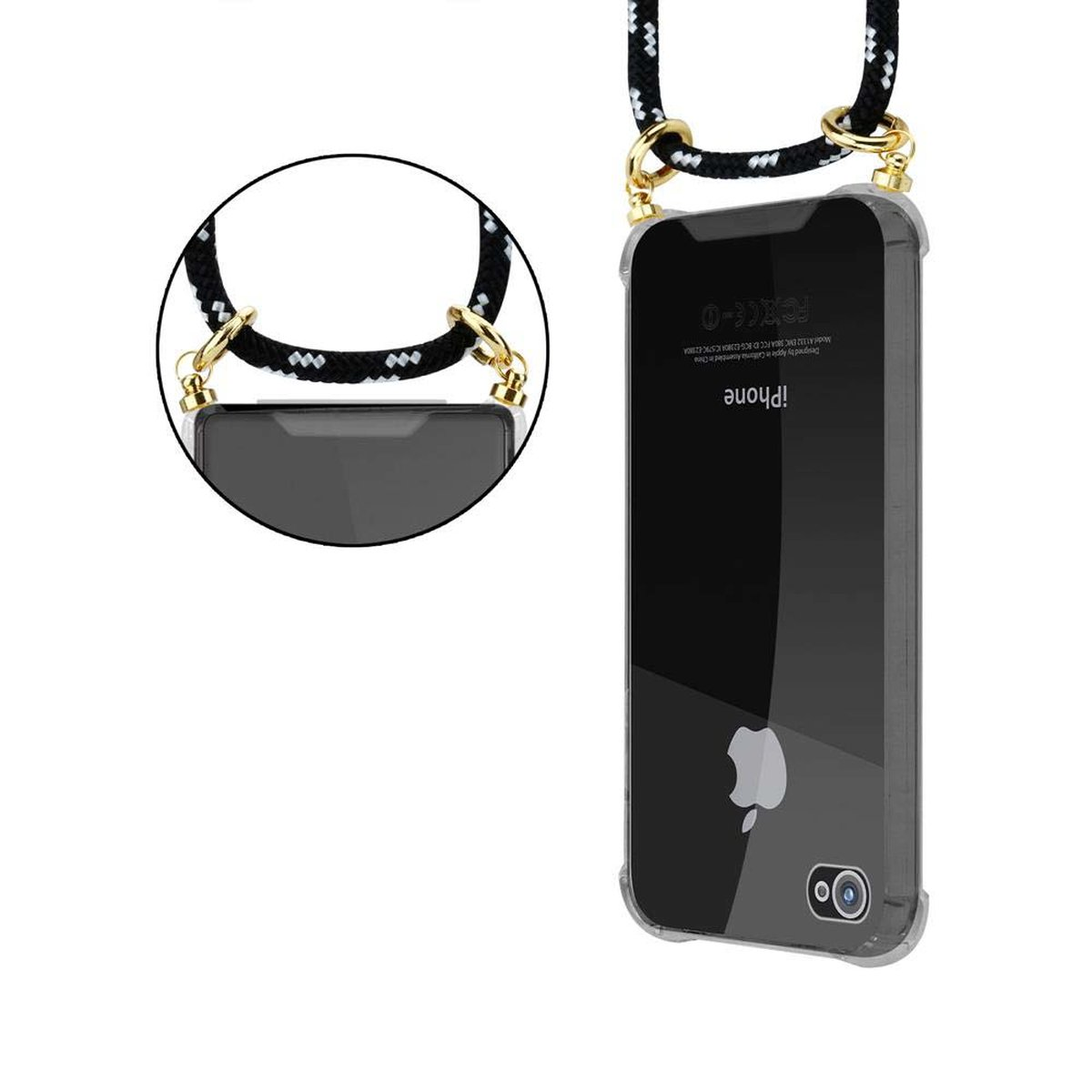 CADORABO Handy Kette mit Gold Apple, 4 und Kordel / 4S, SILBER Ringen, Band abnehmbarer SCHWARZ Hülle, iPhone Backcover