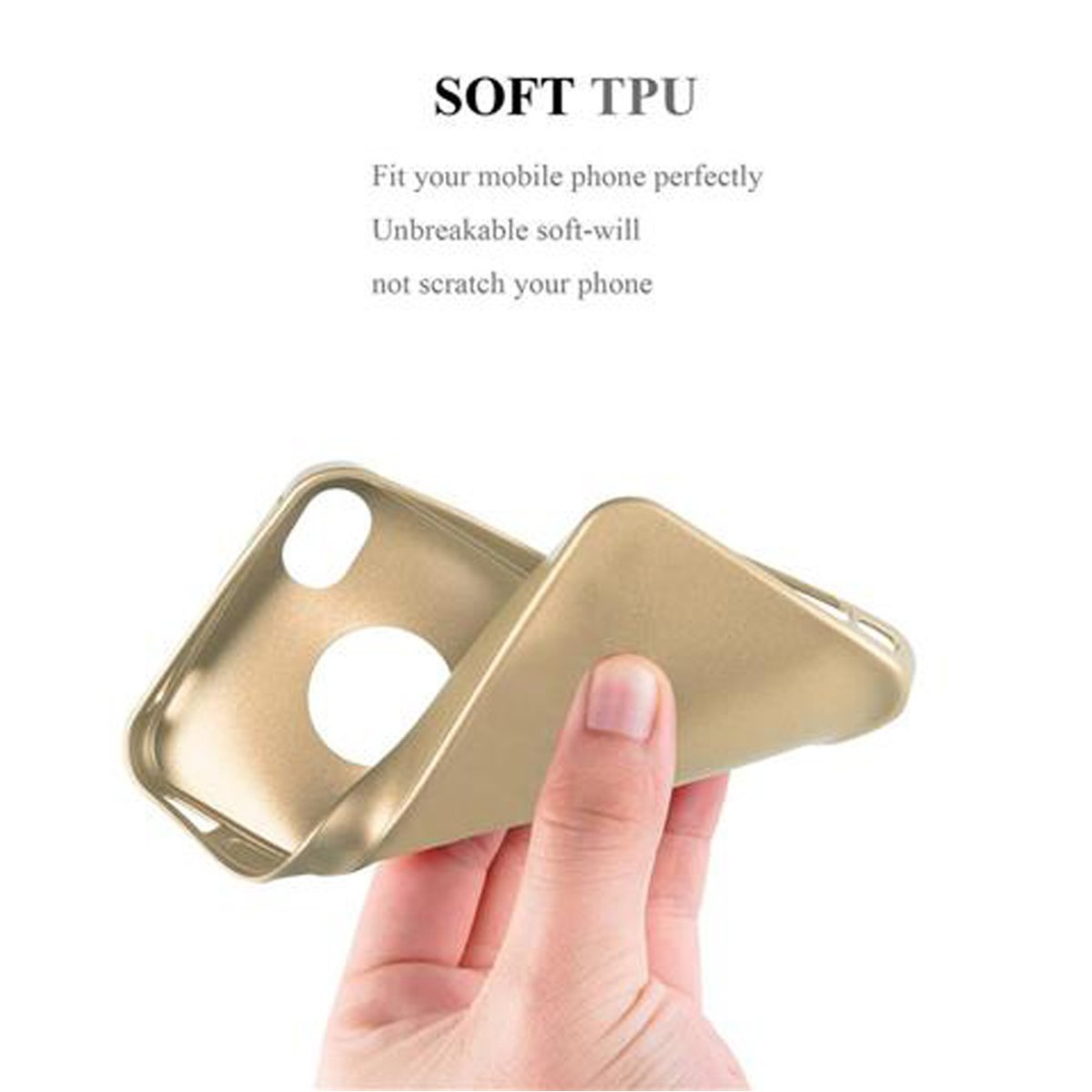 Eine Hand, die eine goldene Handyhülle hält. Der Text "SOFT TPU" ist sichtbar.