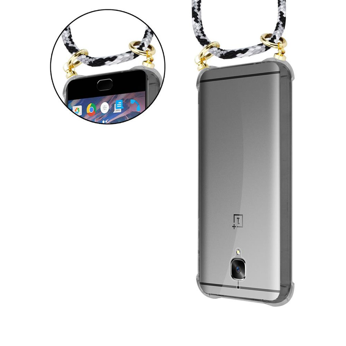 CADORABO Handy Kette OnePlus, SCHWARZ Backcover, Hülle, Band 3T, mit 3 und Kordel CAMOUFLAGE / Gold abnehmbarer Ringen