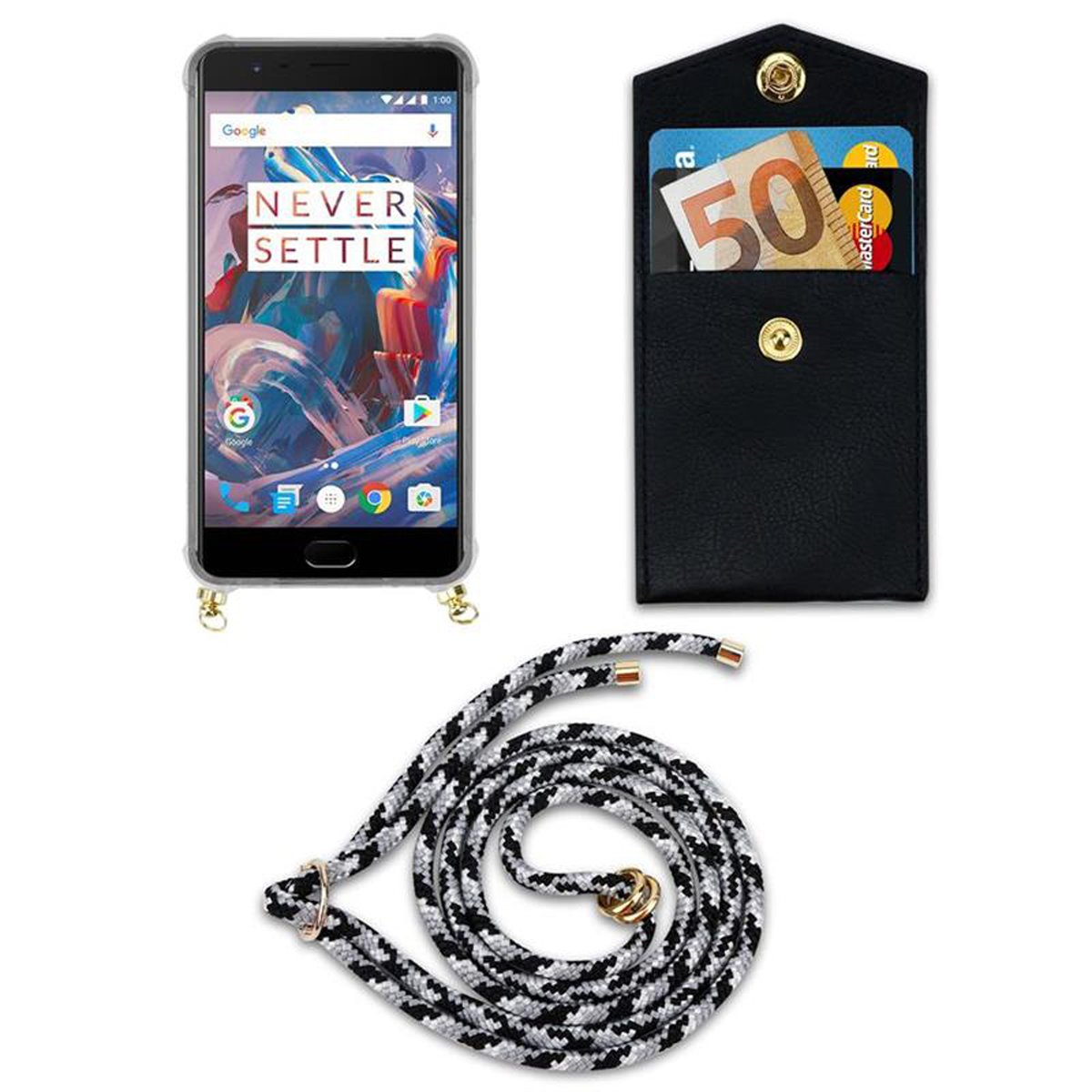 CADORABO Handy Kette OnePlus, SCHWARZ Backcover, Hülle, Band 3T, mit 3 und Kordel CAMOUFLAGE / Gold abnehmbarer Ringen