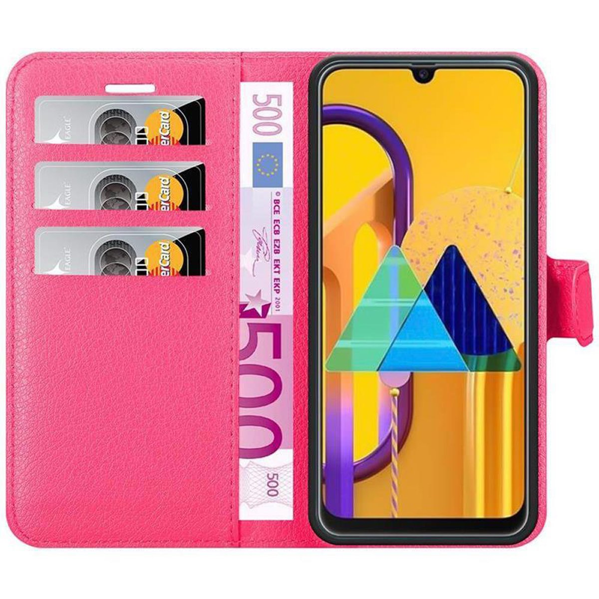 Custodia rosa aperta con carte di credito e banconota da 500 euro, schermo visibile.