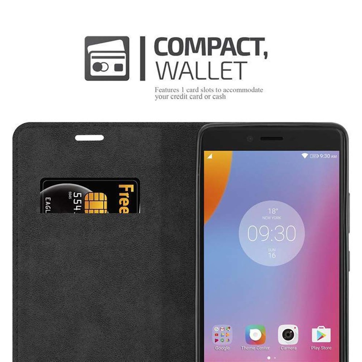 Funda negra para teléfono con ranura para tarjetas y teléfono. Texto: Cartera compacta, 1 ranura.