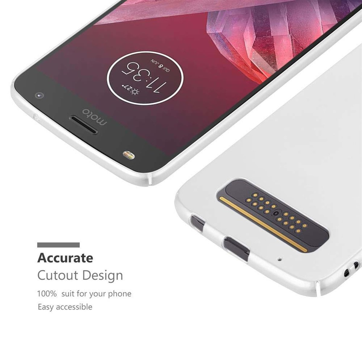 Due telefoni e una custodia bianca. Un telefono è nella custodia. Testo: 'Accurate Cutout Design'.