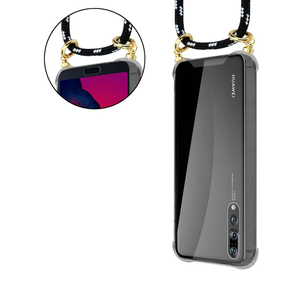 Telefono con cordino. Un telefono Huawei in una custodia trasparente. Sfondo bianco.