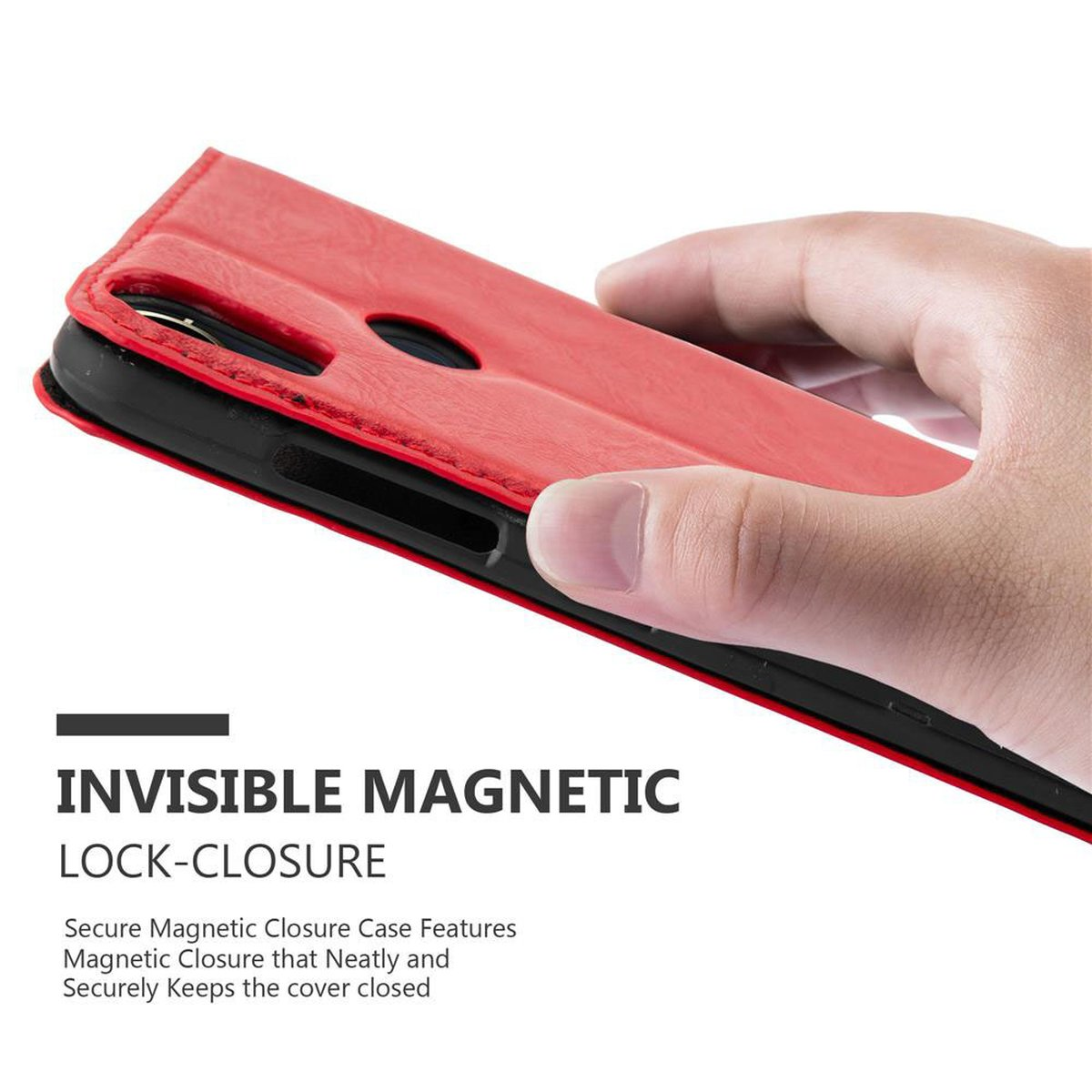 Custodia rossa per telefono tenuta in mano, con testo: INVISIBLE MAGNETIC LOCK-CLOSURE.