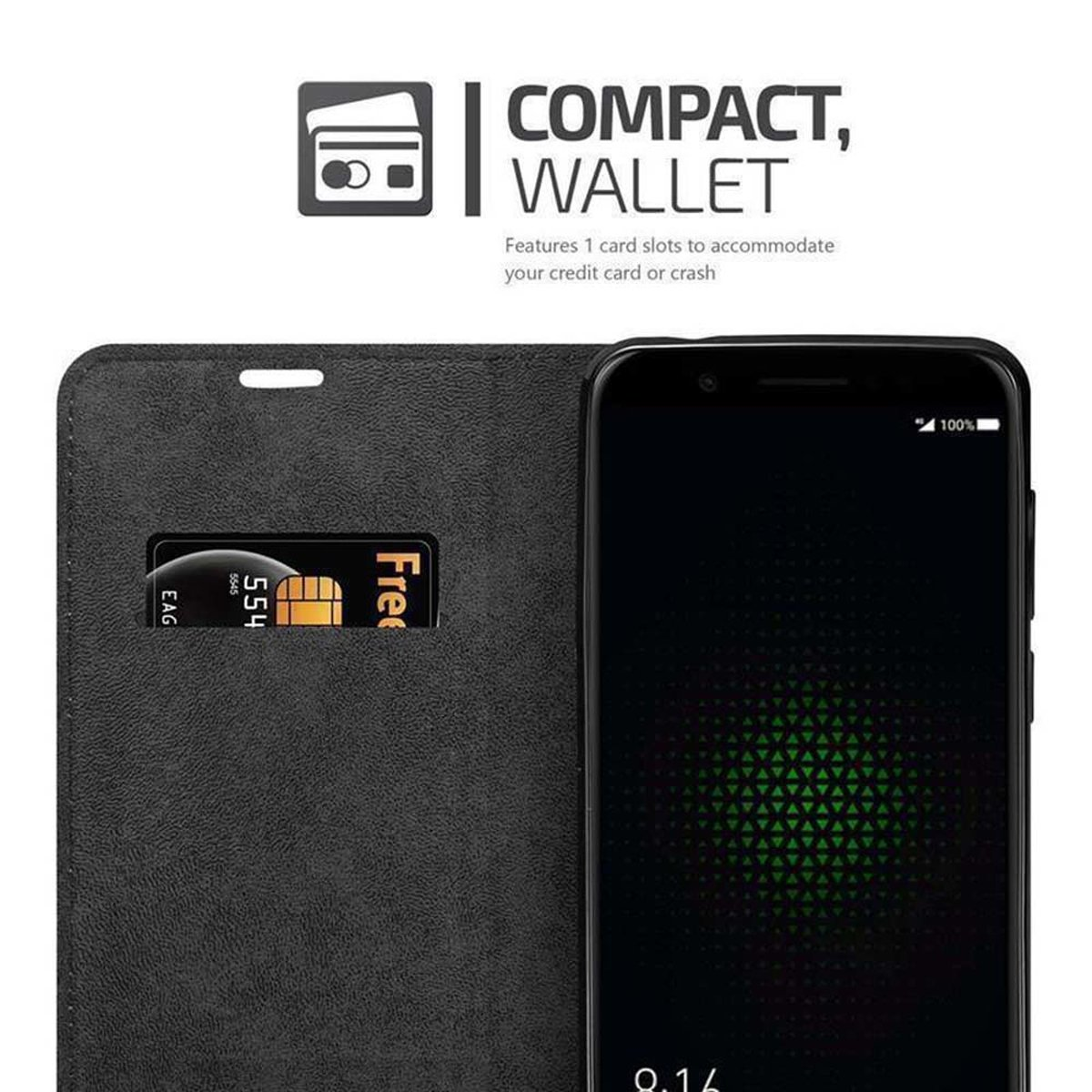Ein Telefon in einer Brieftaschenhülle mit sichtbarer Karte. Die Hülle ist schwarz. Der Bildschirm des Telefons ist grün.
