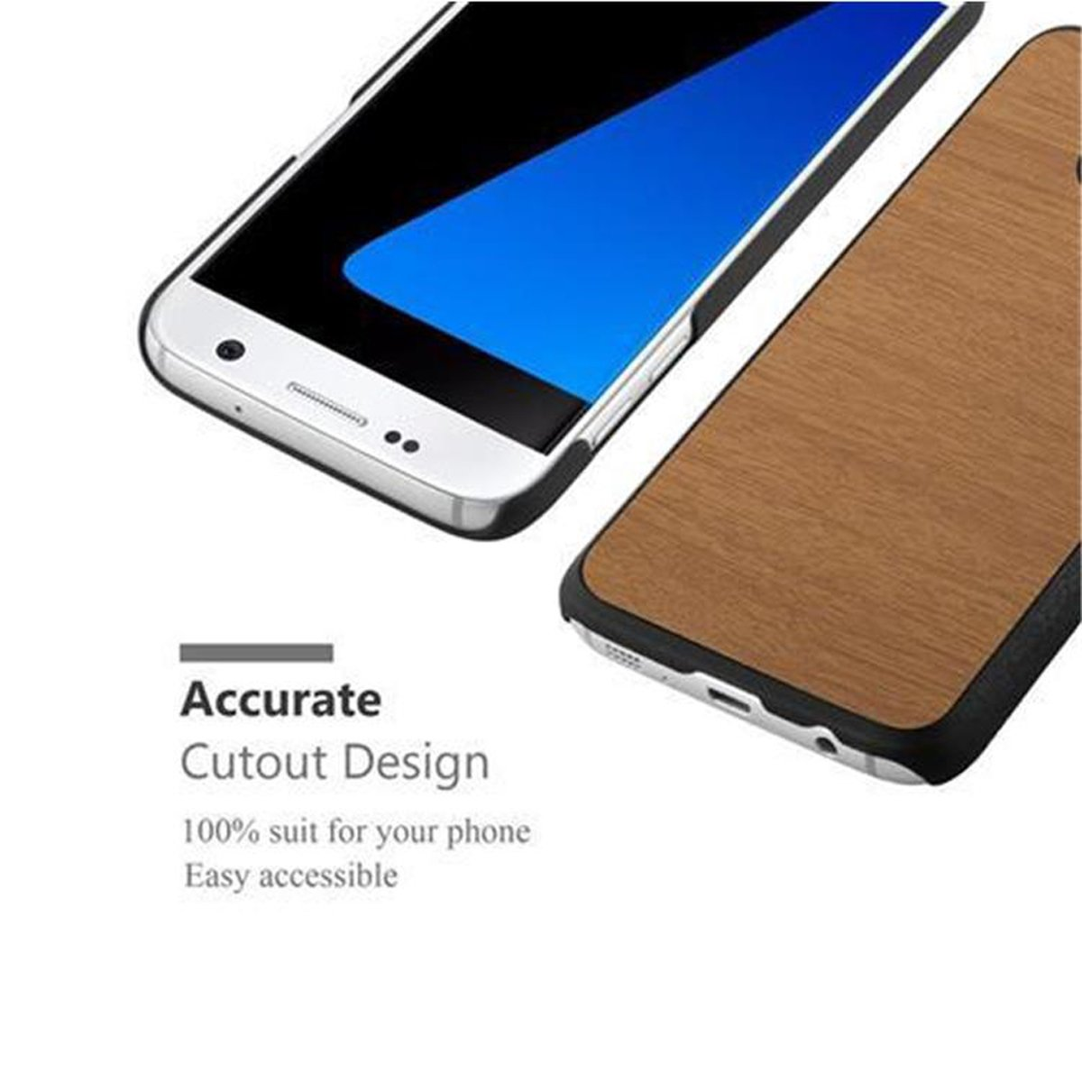 Due telefoni. Uno è bianco, l'altro è marrone e ha un design in legno. Il testo dice: Design di ritaglio accurato.