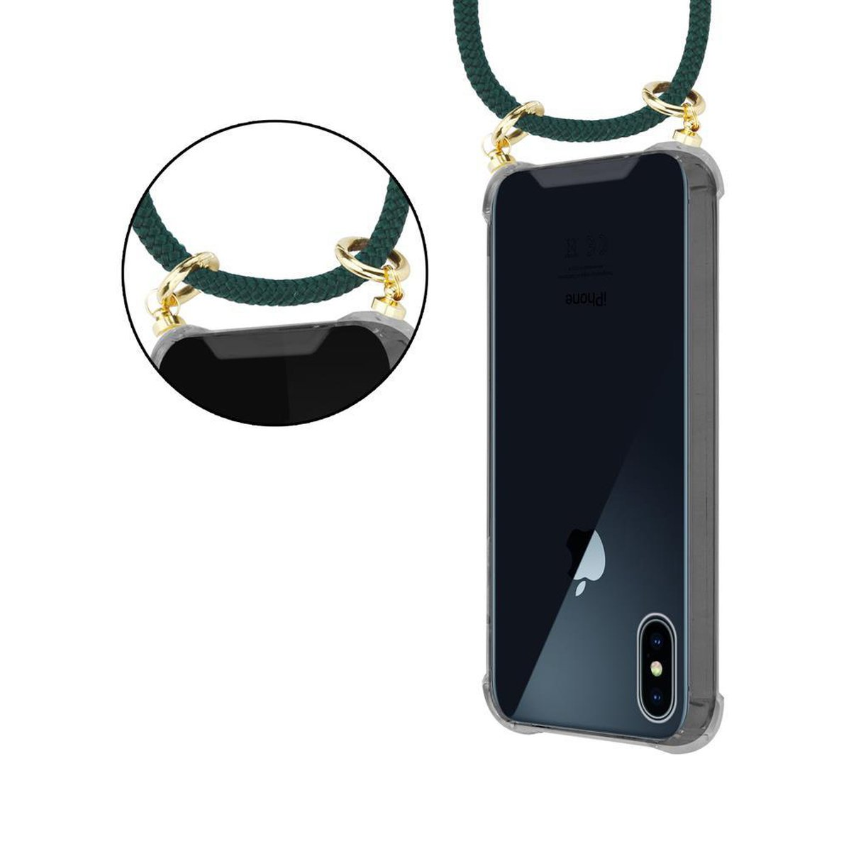 CADORABO Handy Kette und mit X Hülle, GRÜN Ringen, XS, ARMEE / Apple, Kordel Backcover, Band Gold abnehmbarer iPhone