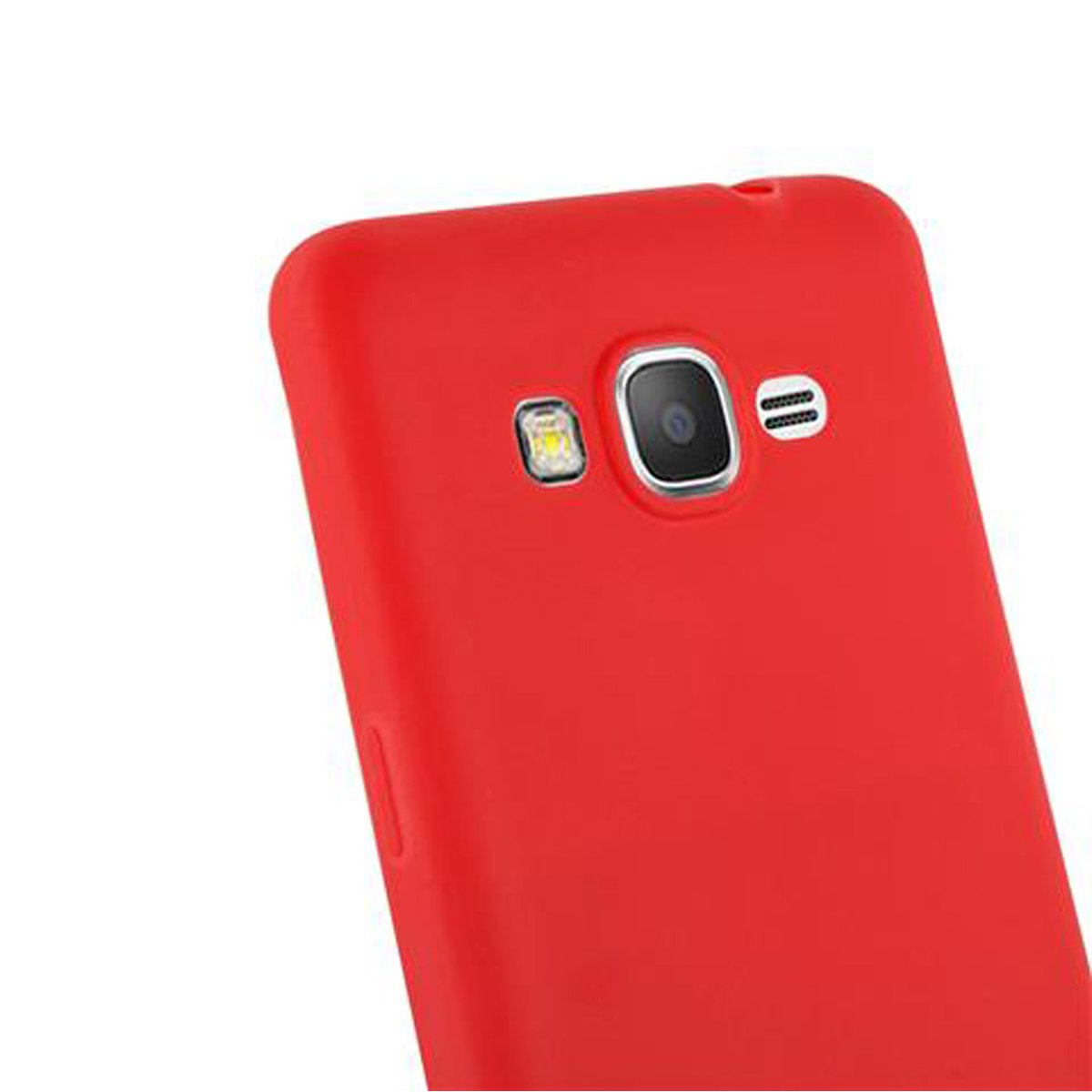 Custodia rossa per telefono con fotocamera e flash sul retro. Il colore è uniforme e brillante.